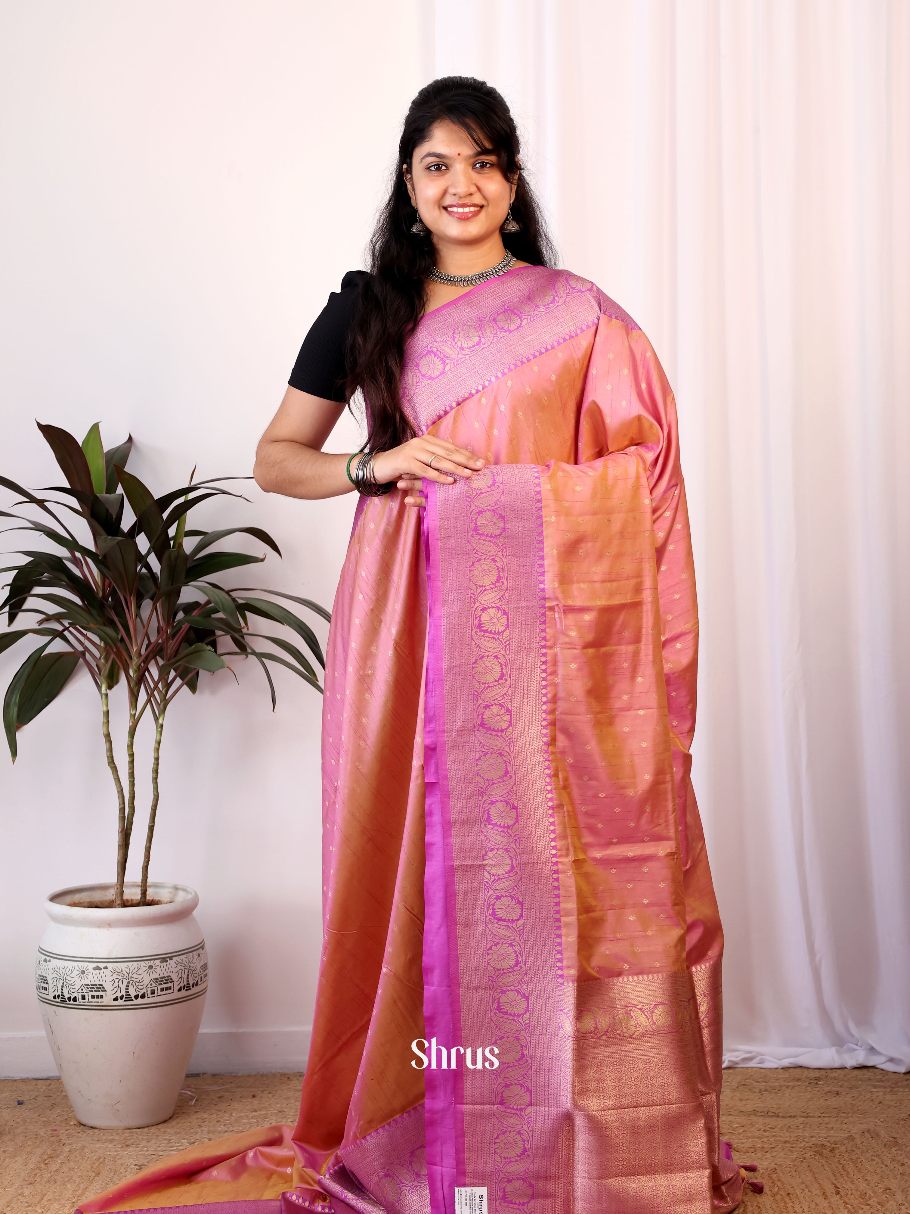 Brick & Purple - Semi Banarasi Saree - Shop on Shrus.com