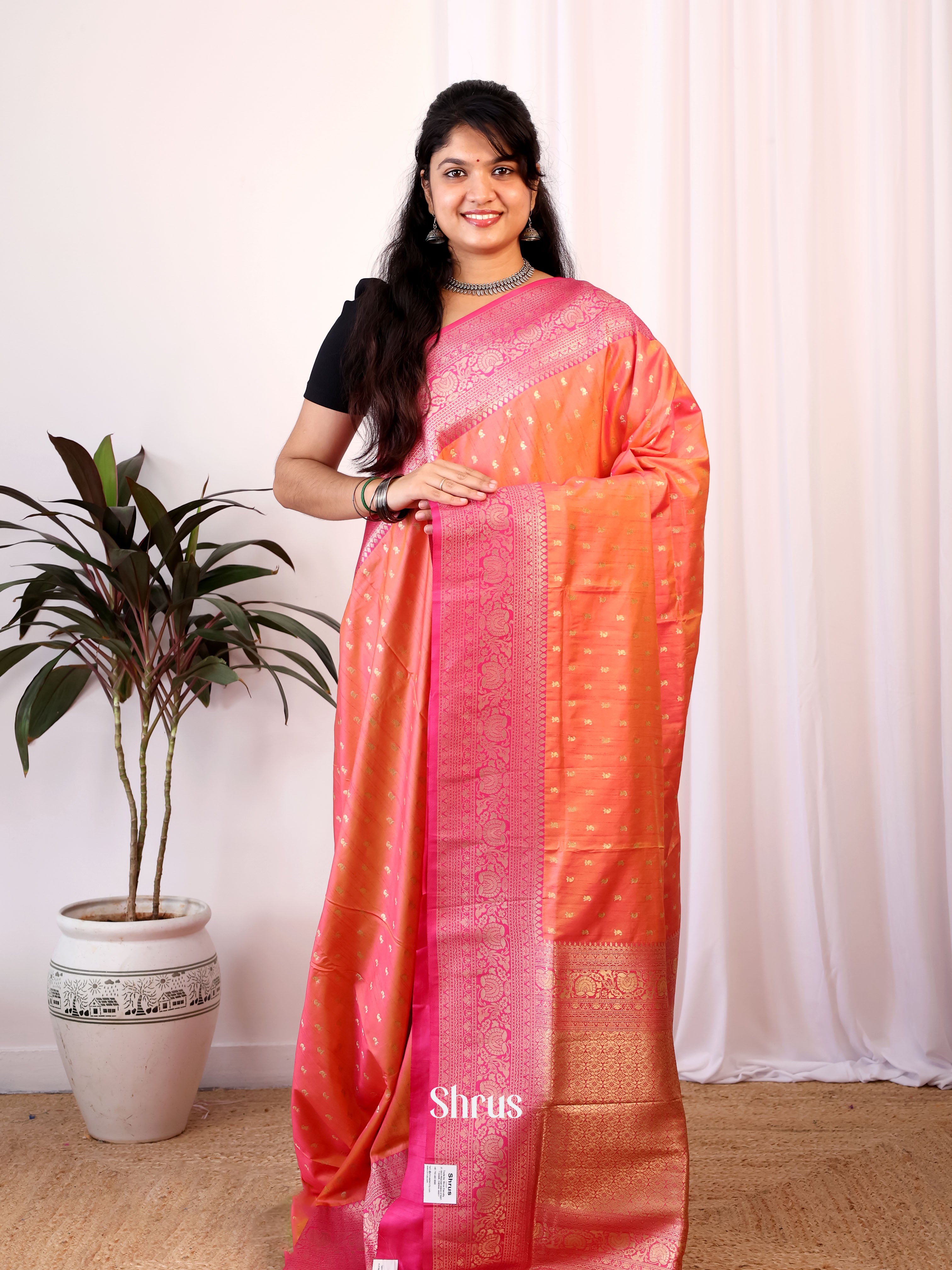 Orange & Pink - Semi Banarasi Saree - Shop on Shrus.com