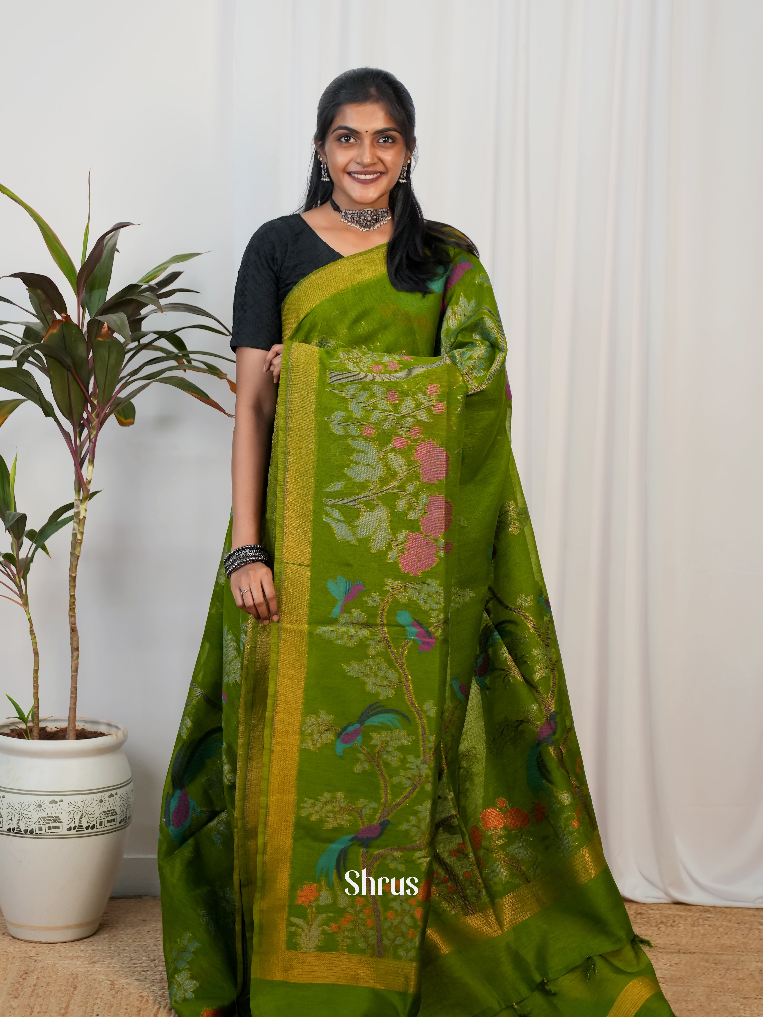 Green - Semi Jute Saree - Shop on Shrus.com