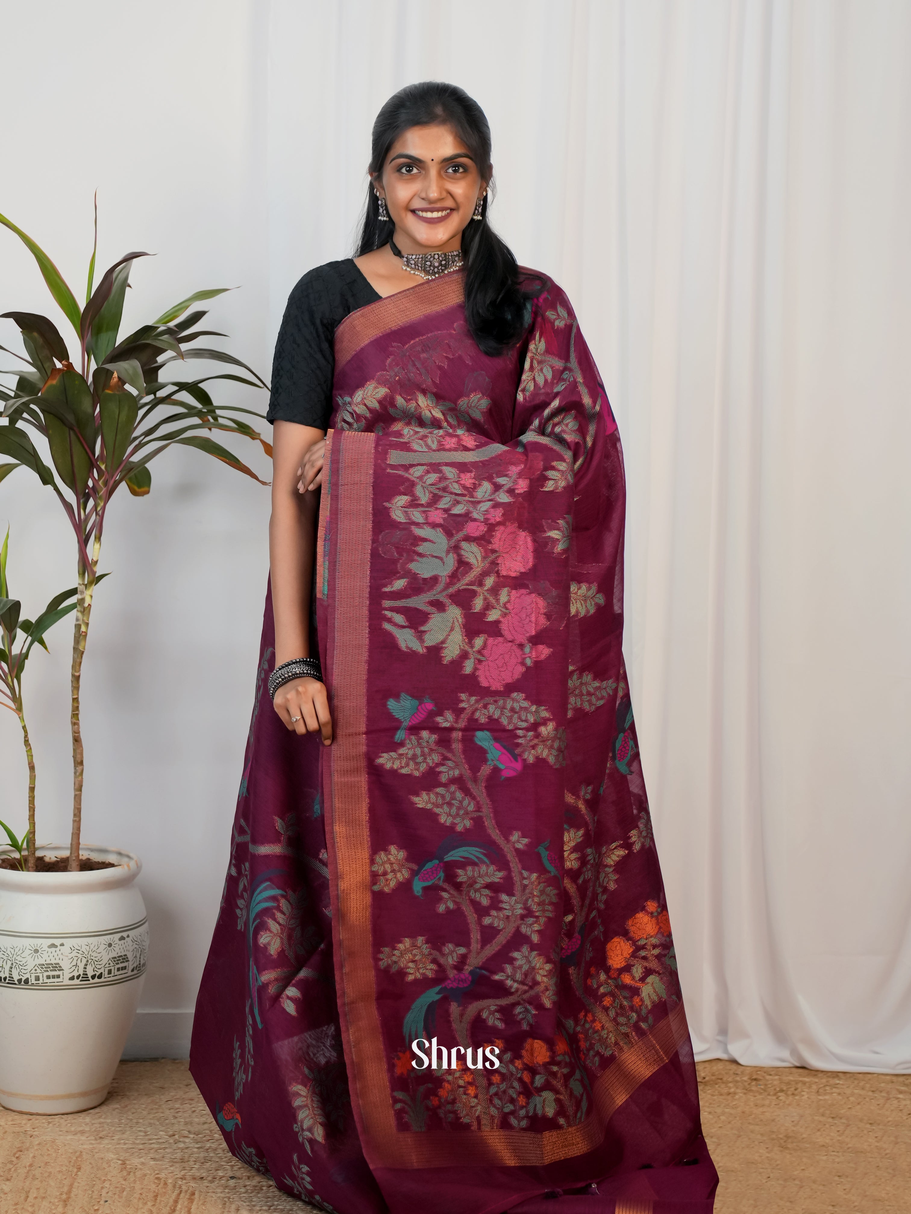 Purple - Semi Jute Saree - Shop on Shrus.com