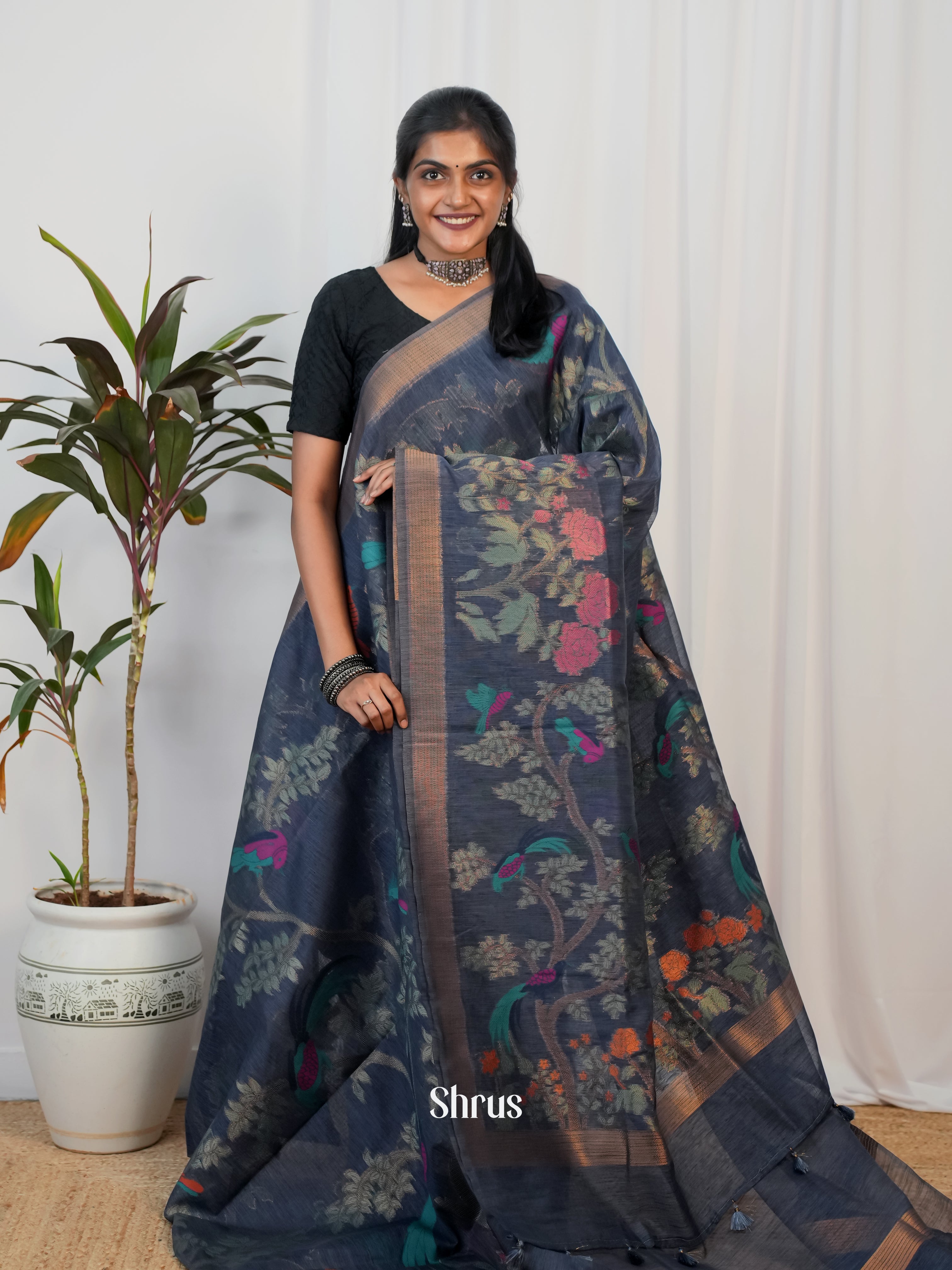 Black - Semi Jute Saree - Shop on Shrus.com