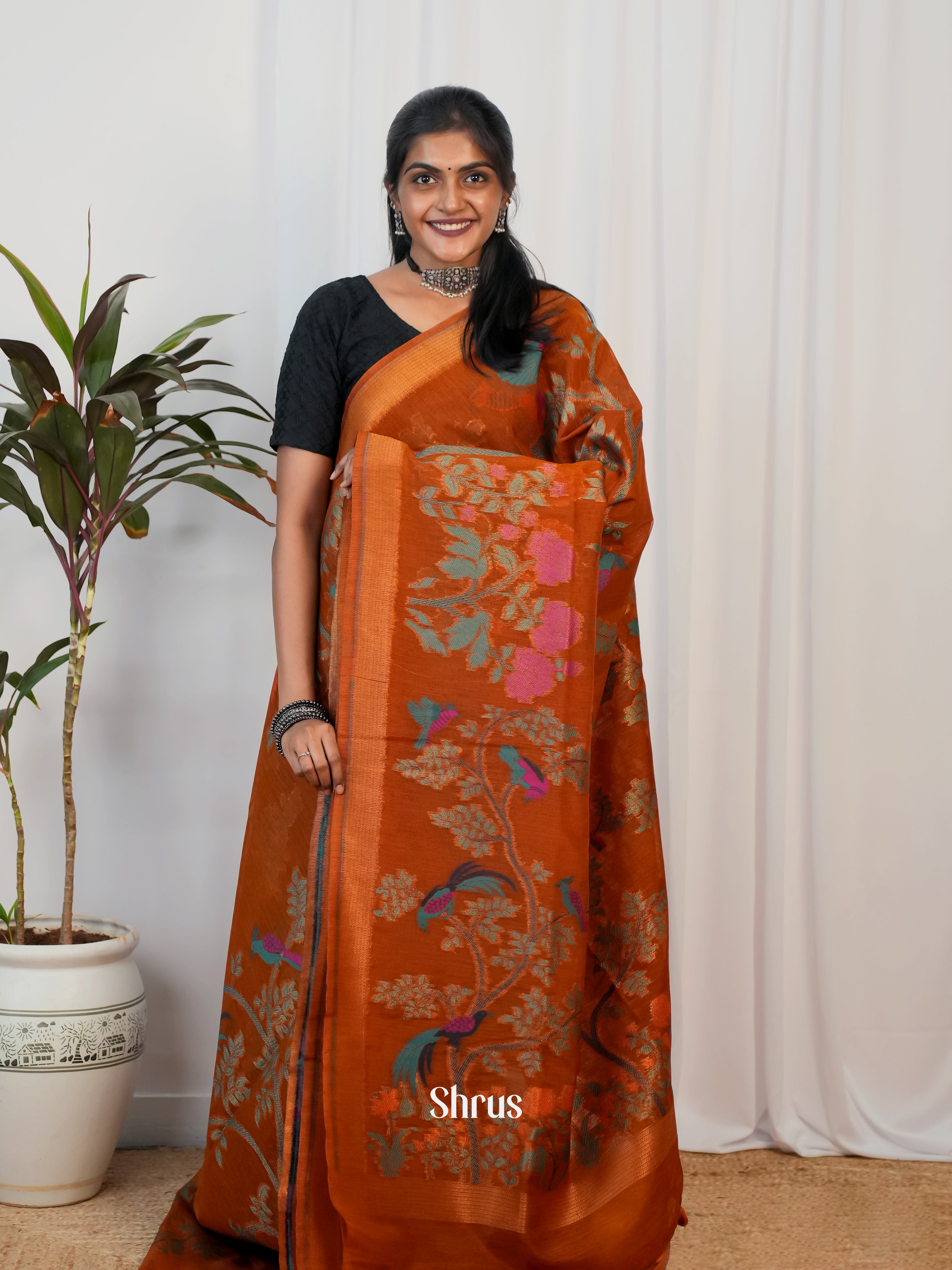 Brick - Semi Jute Saree - Shop on Shrus.com