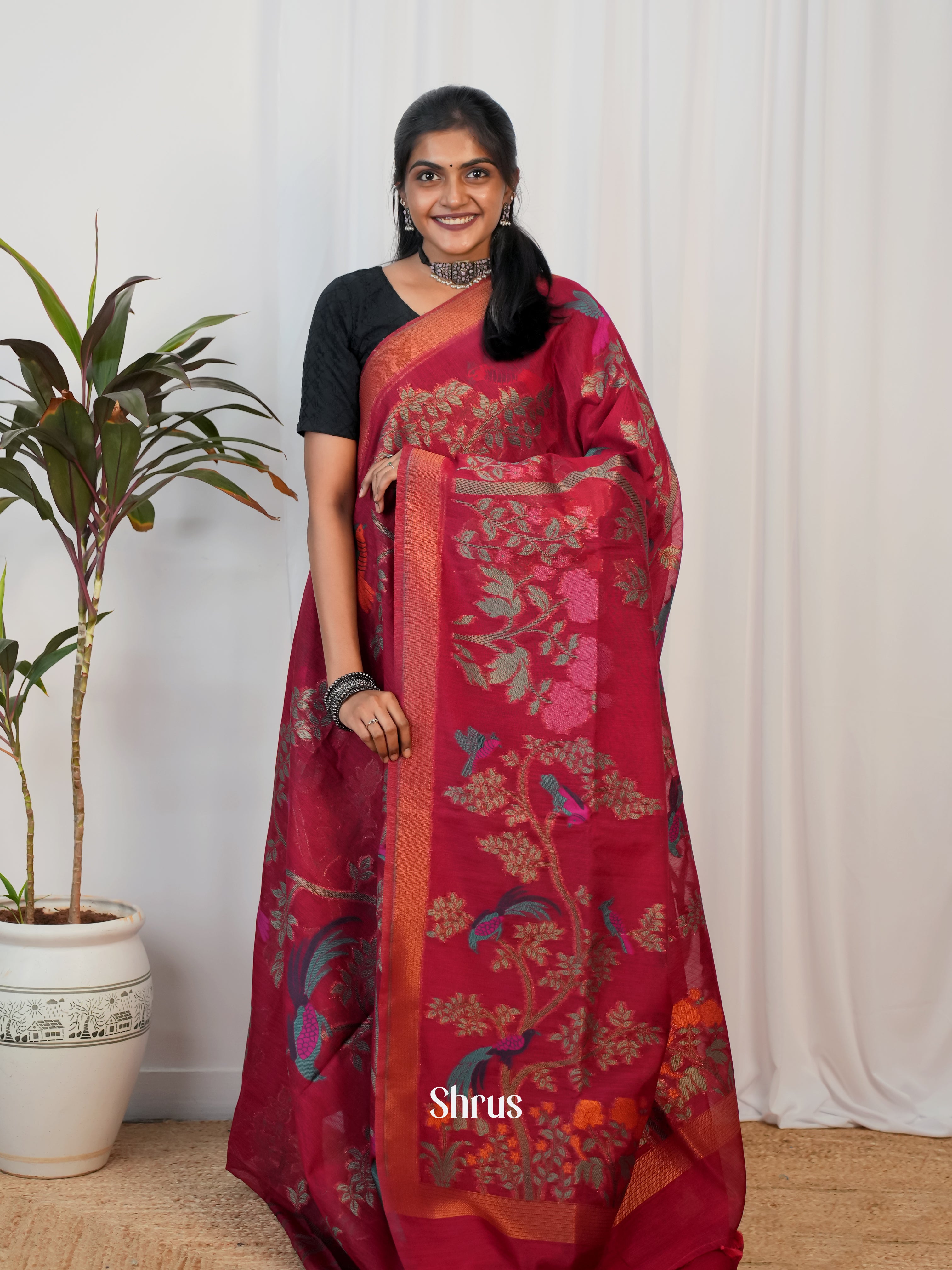 Red - Semi Jute Saree - Shop on Shrus.com
