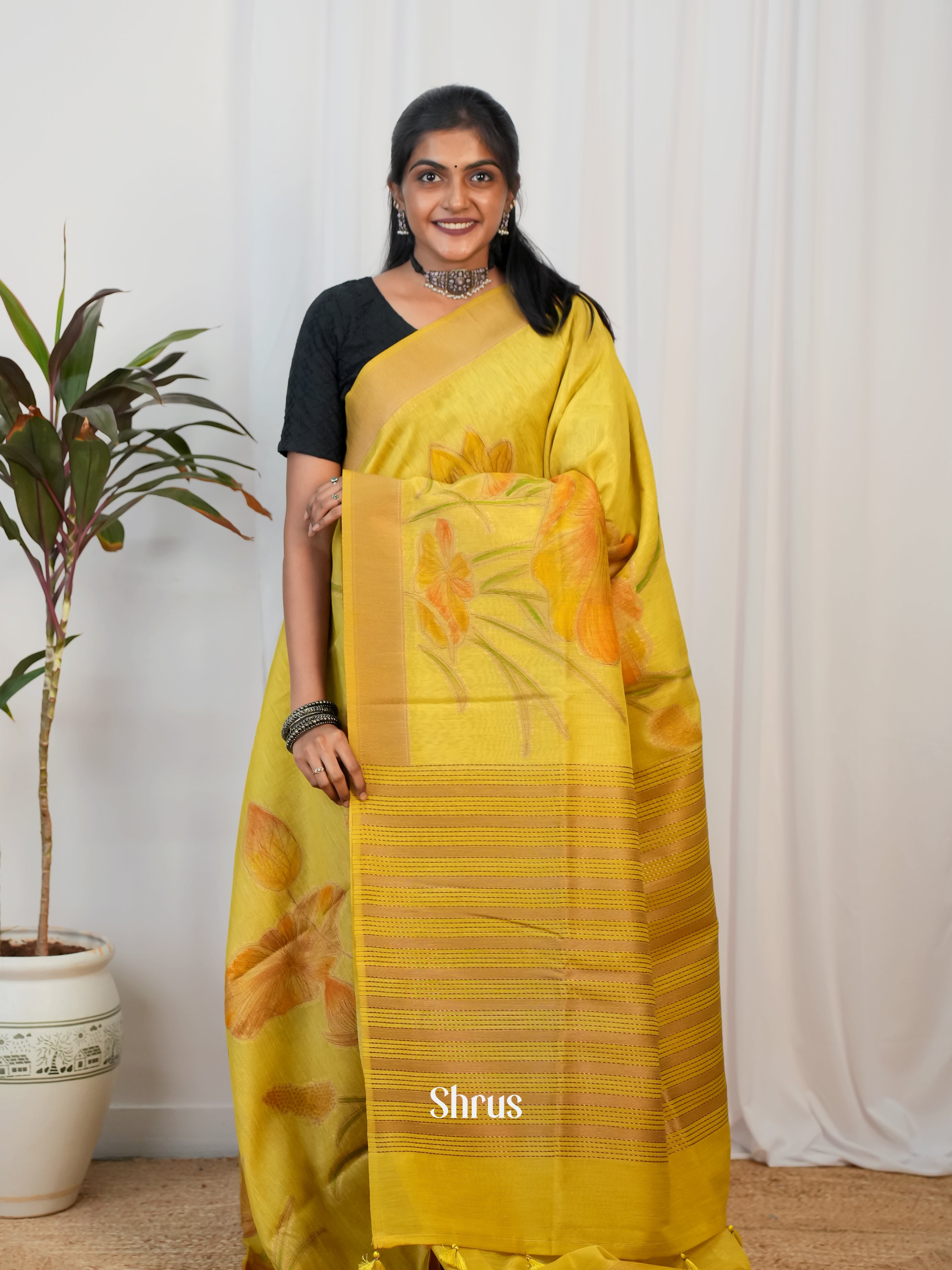 Yellow - Semi Jute Saree - Shop on Shrus.com