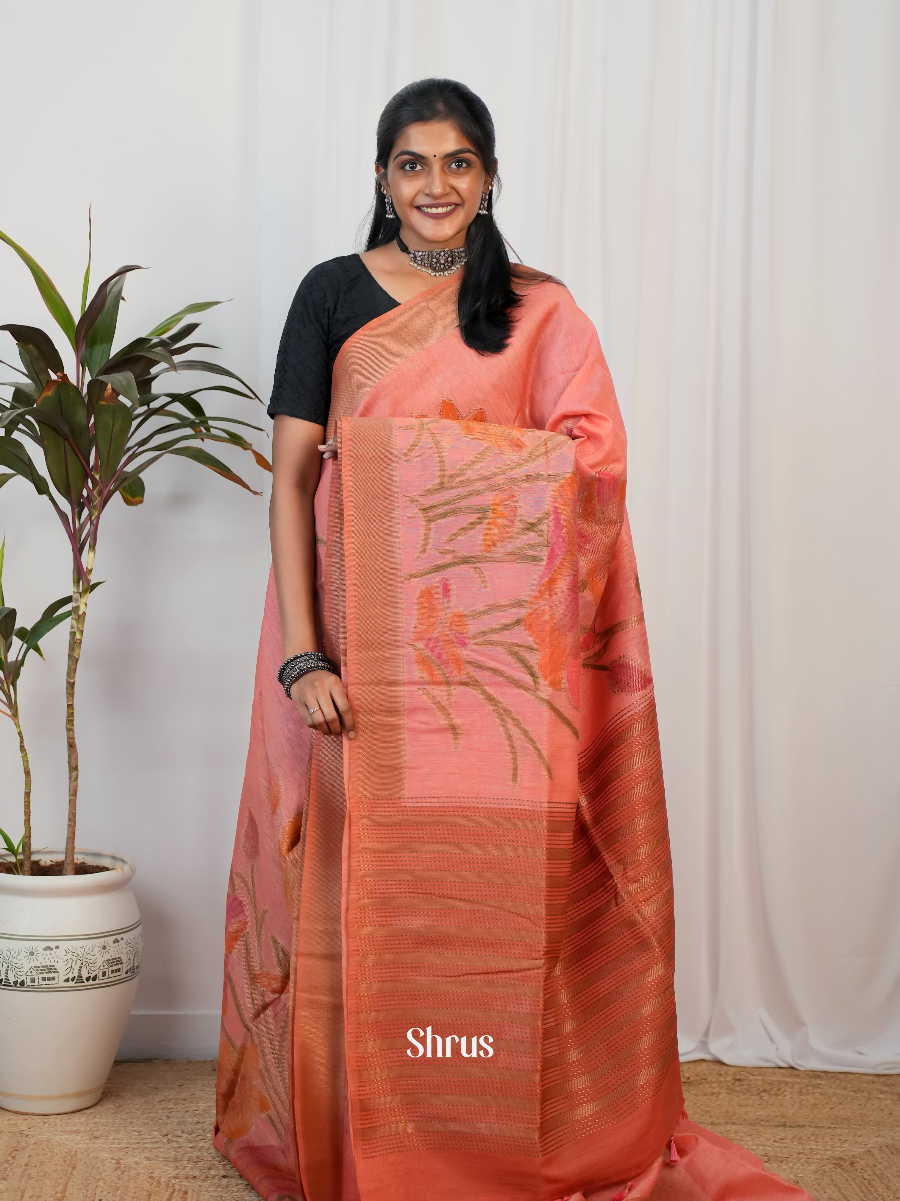 Peachish Pink - Semi Jute Saree - Shop on Shrus.com