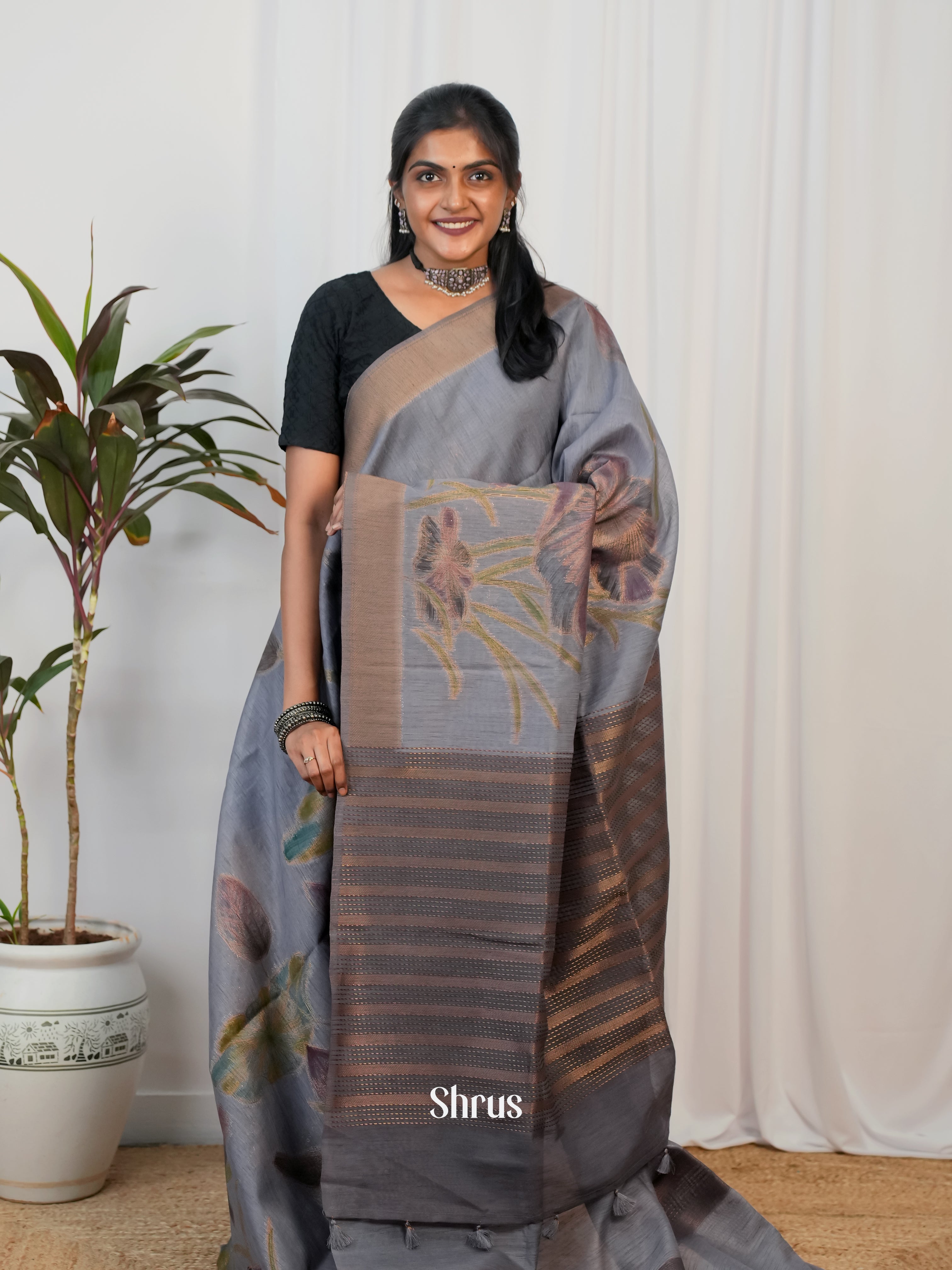 Grey - Semi Jute Saree - Shop on Shrus.com
