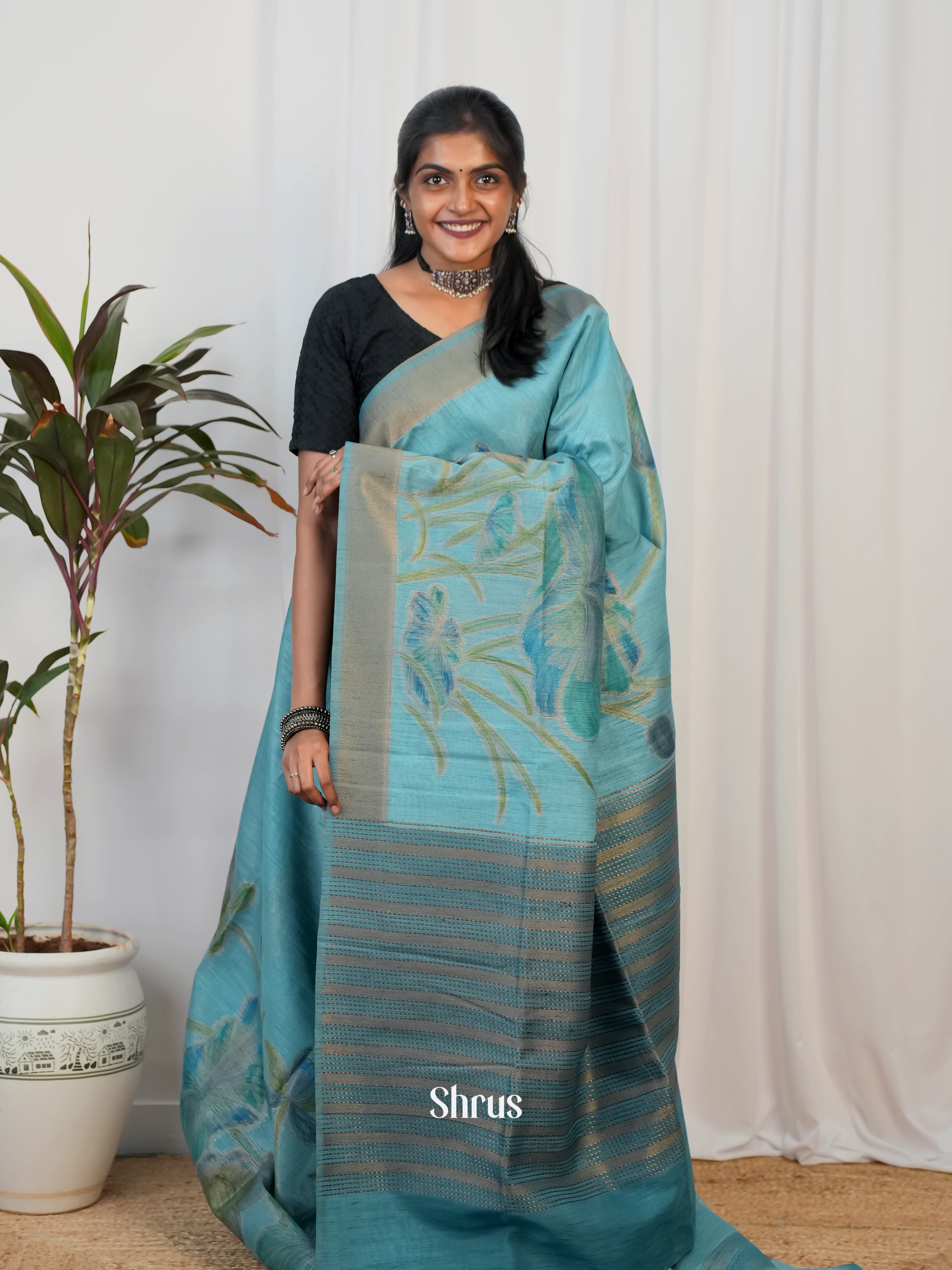 Teal Blue - Semi Jute Saree - Shop on Shrus.com