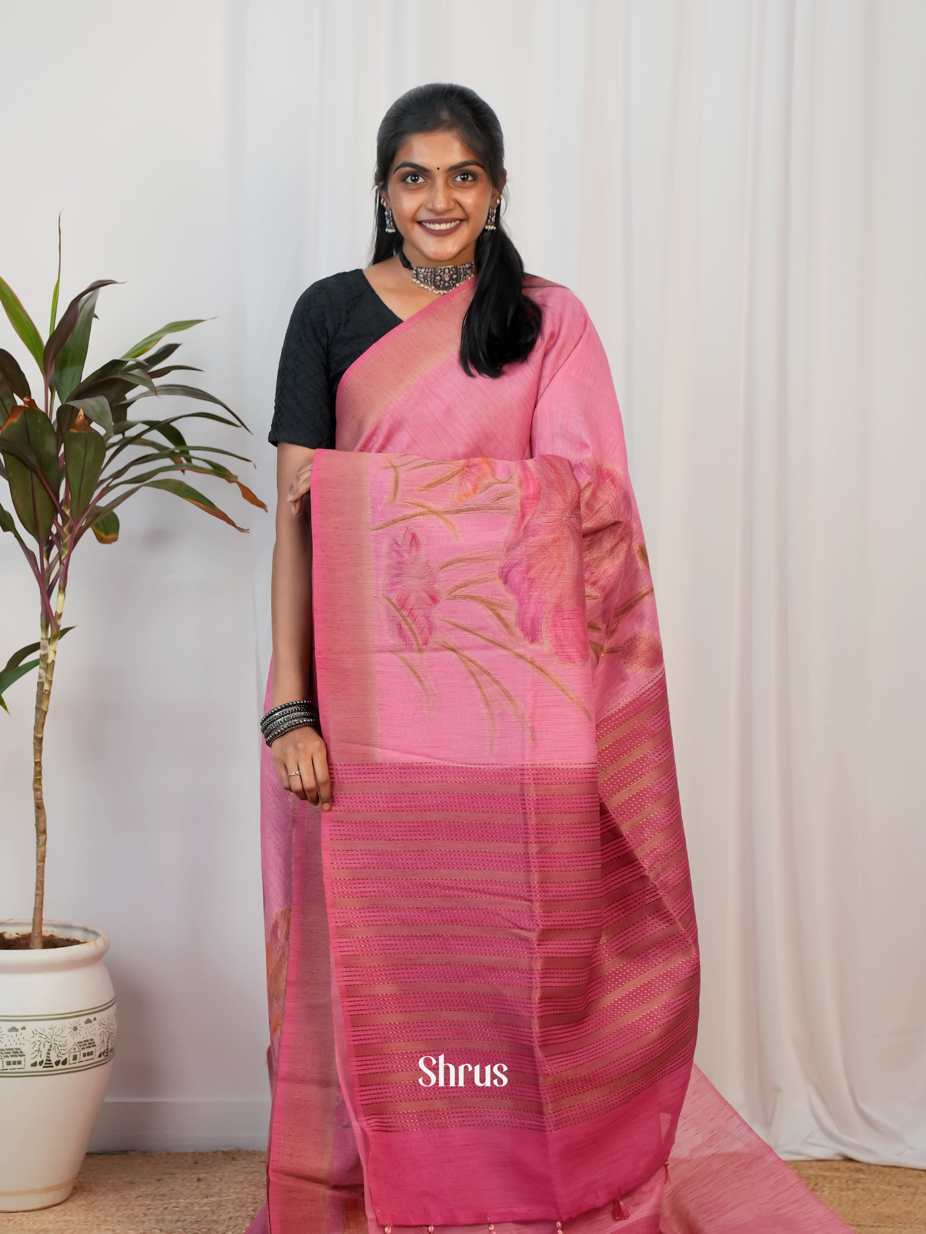 Pink - Semi Jute Saree - Shop on Shrus.com