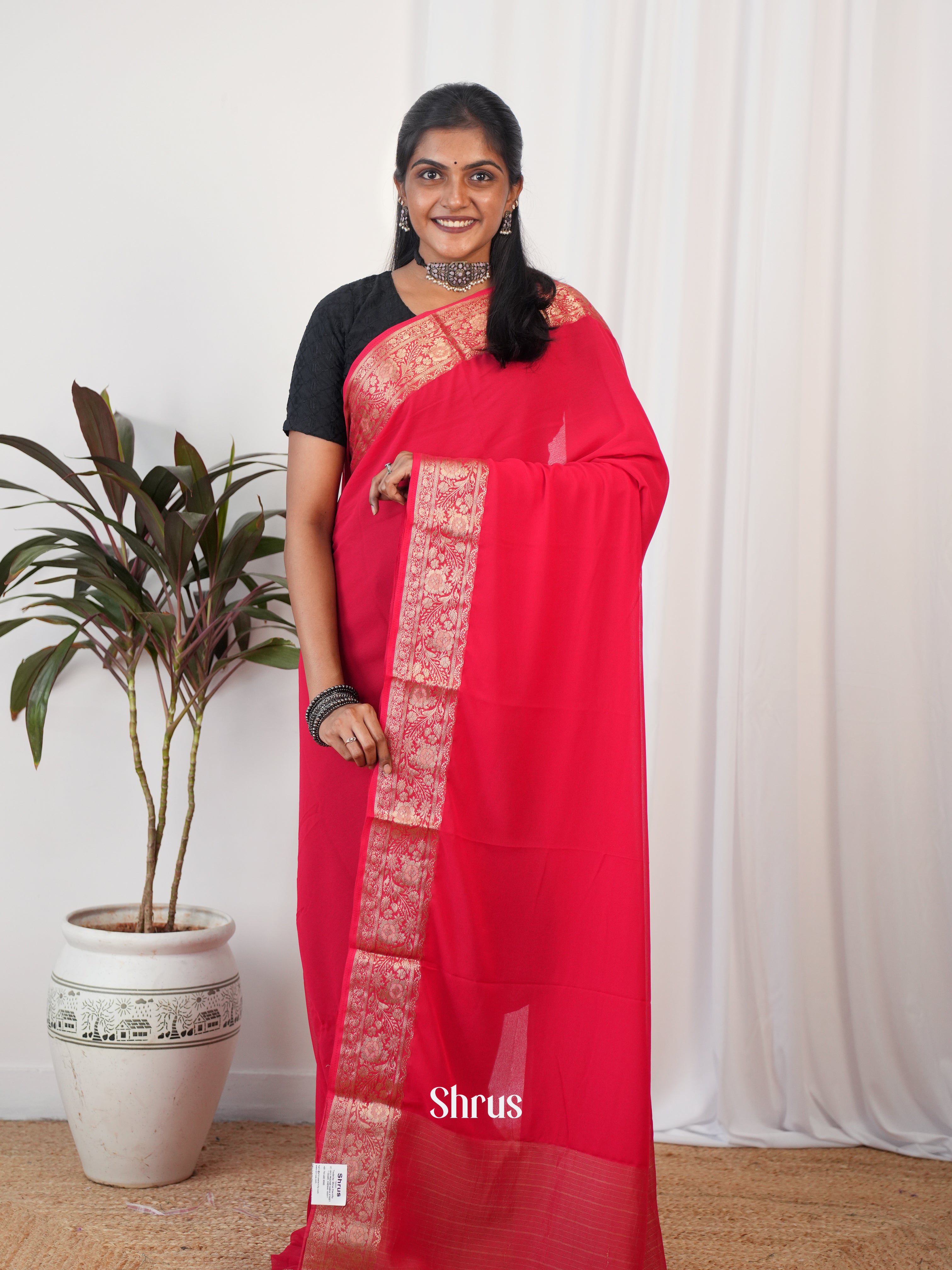 Red - Semi Georgette saree - Shop on Shrus.com