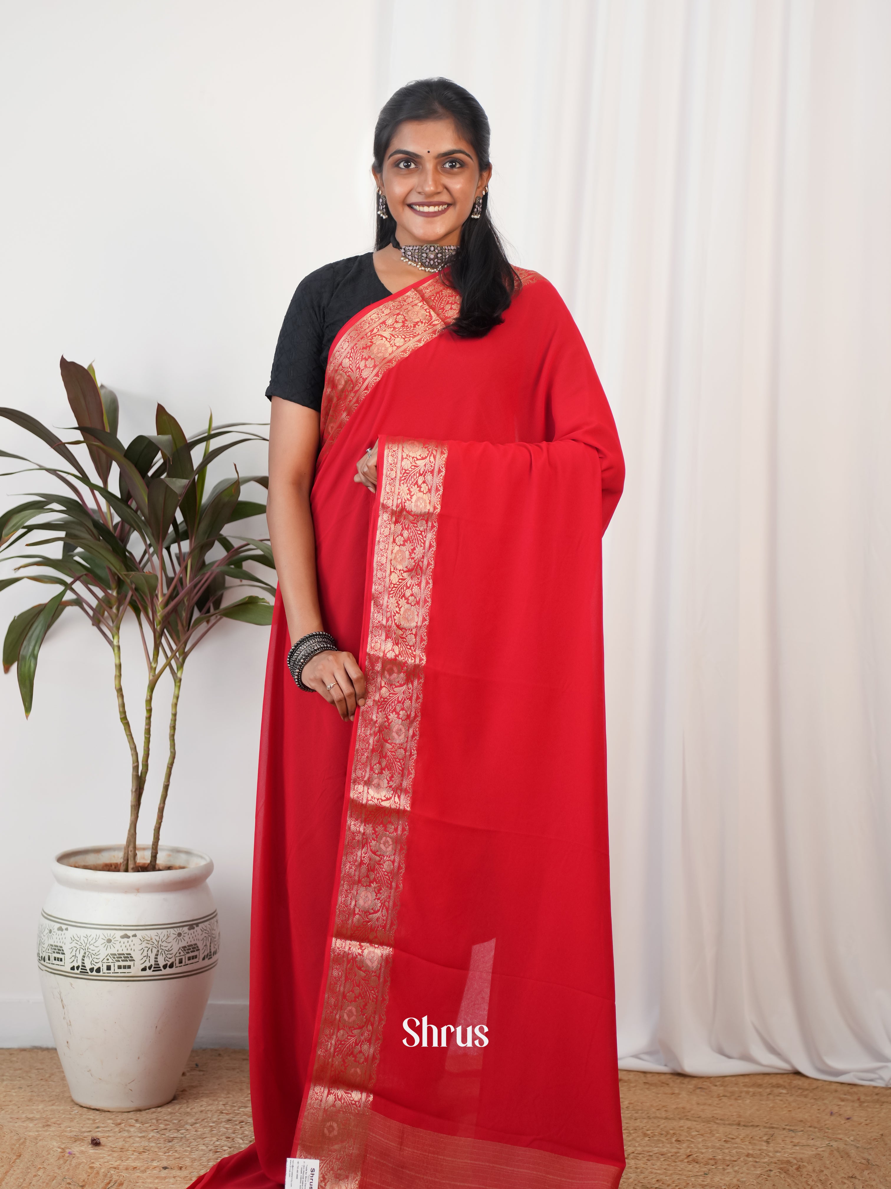 Red - Semi Georgette saree - Shop on Shrus.com