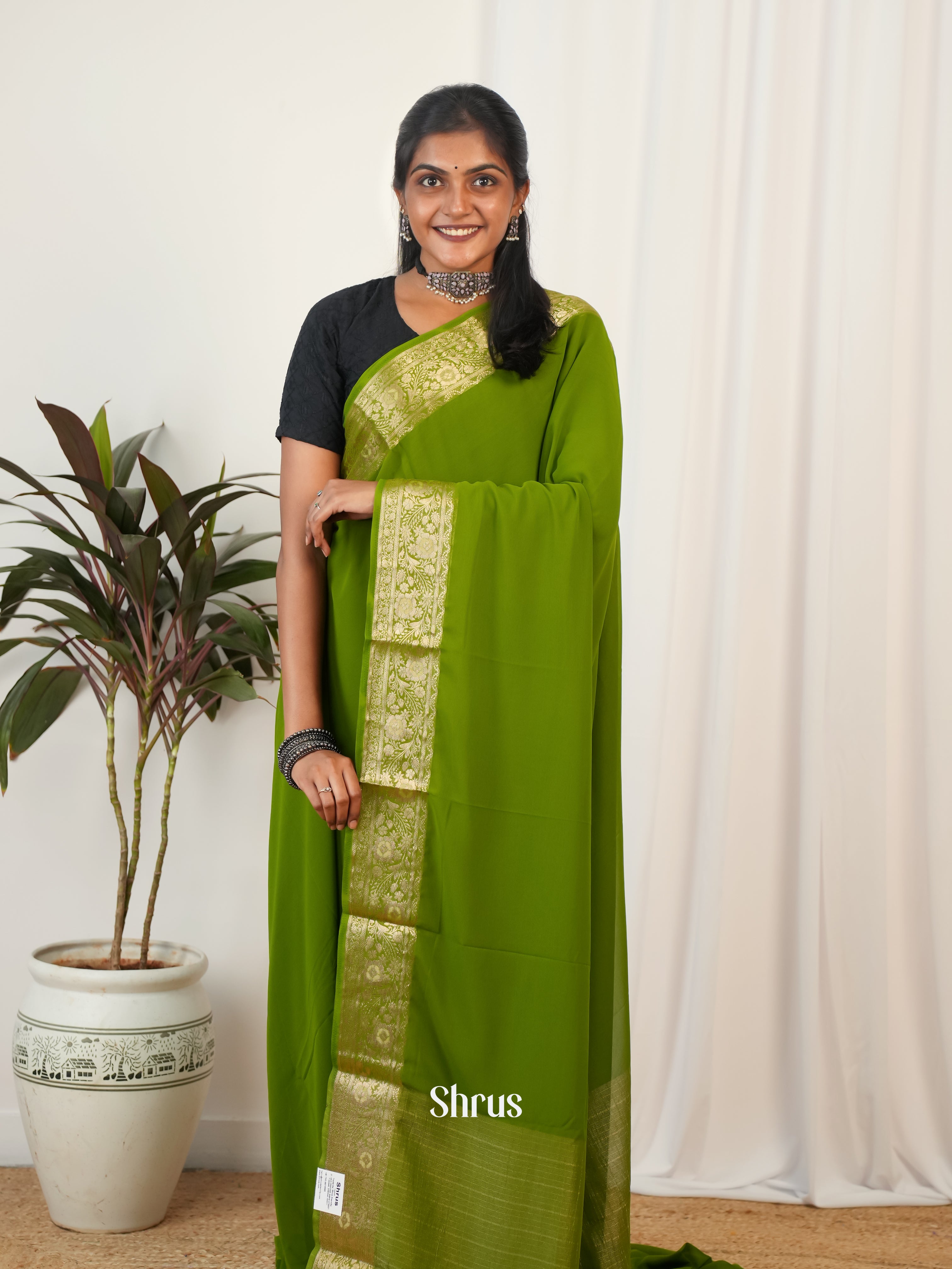 Green - Semi Georgette Saree - Shop on Shrus.com