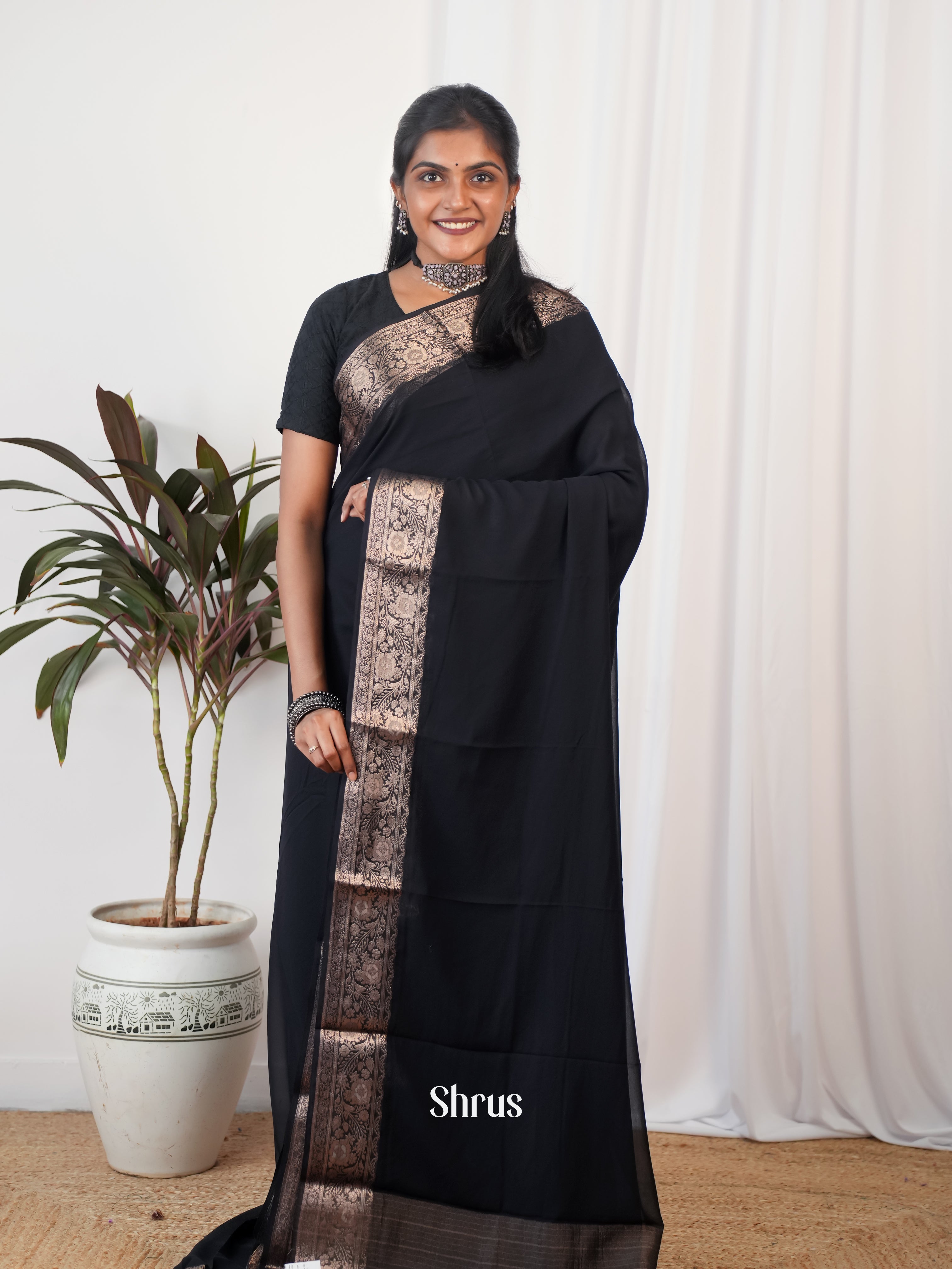 Black - Semi Georgette Saree - Shop on Shrus.com