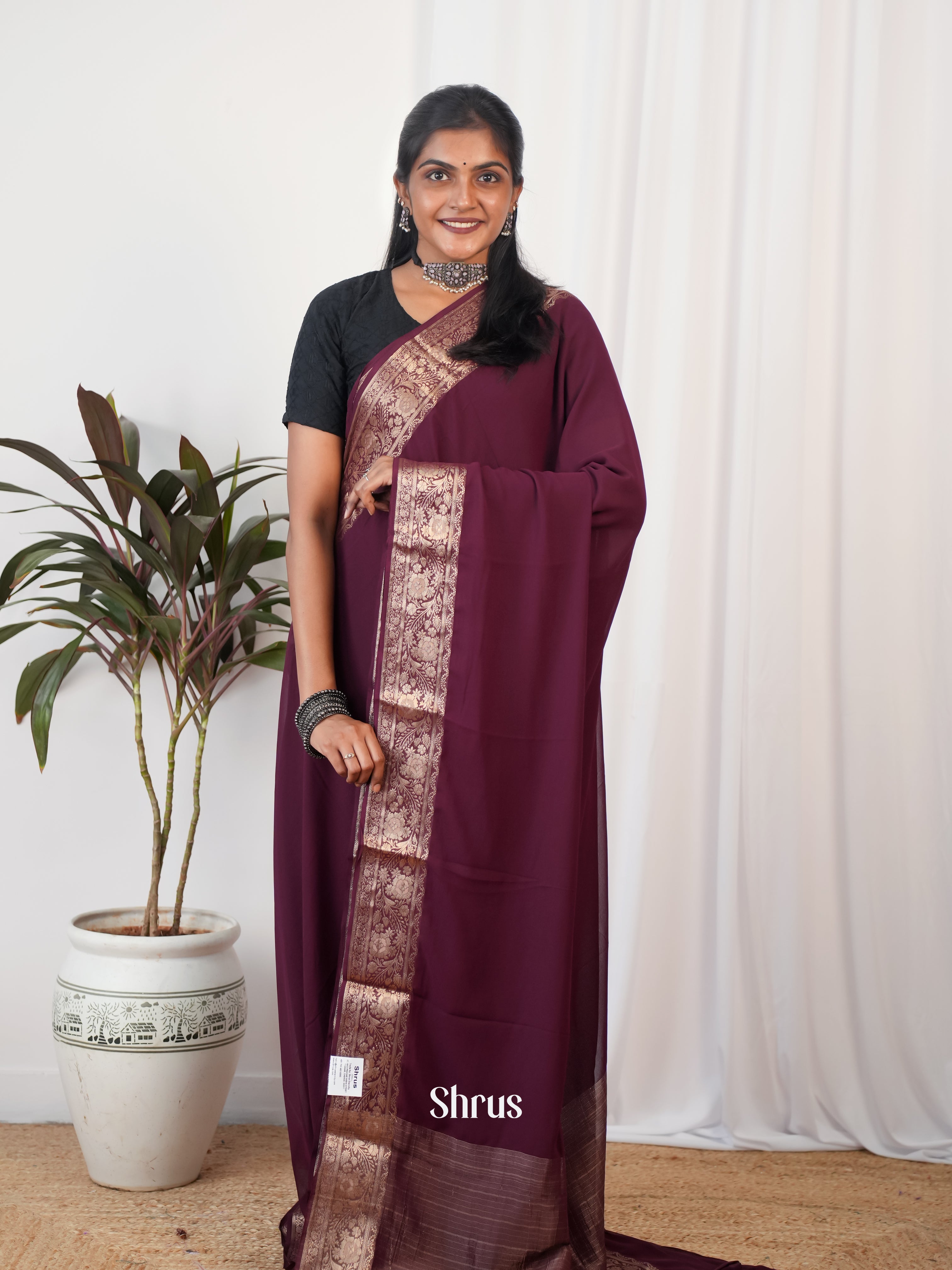 Wine - Semi Georgette Saree - Shop on Shrus.com