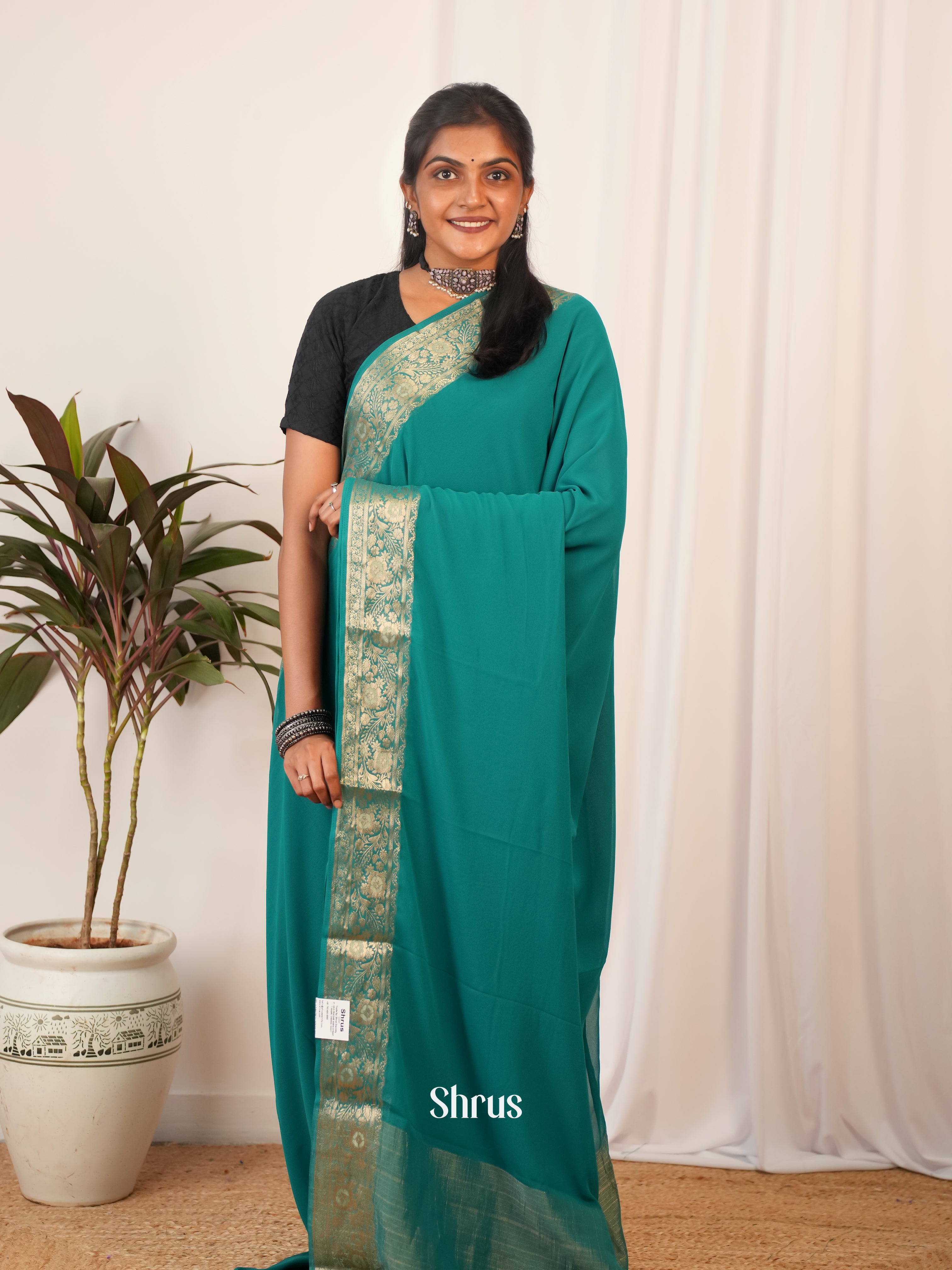 Green - Semi Georgette Saree - Shop on Shrus.com