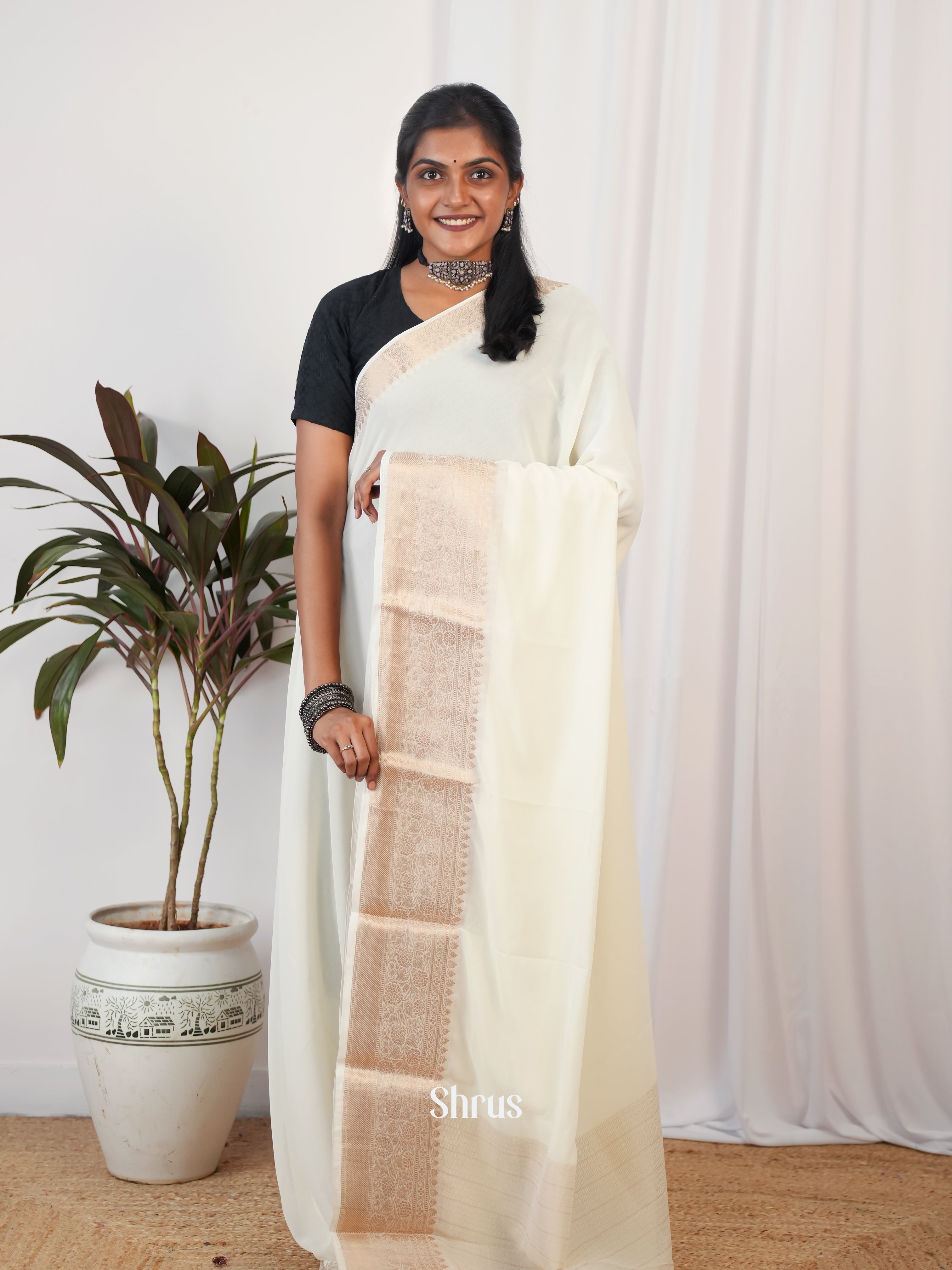 Cream - Semi Georgette Saree - Shop on Shrus.com