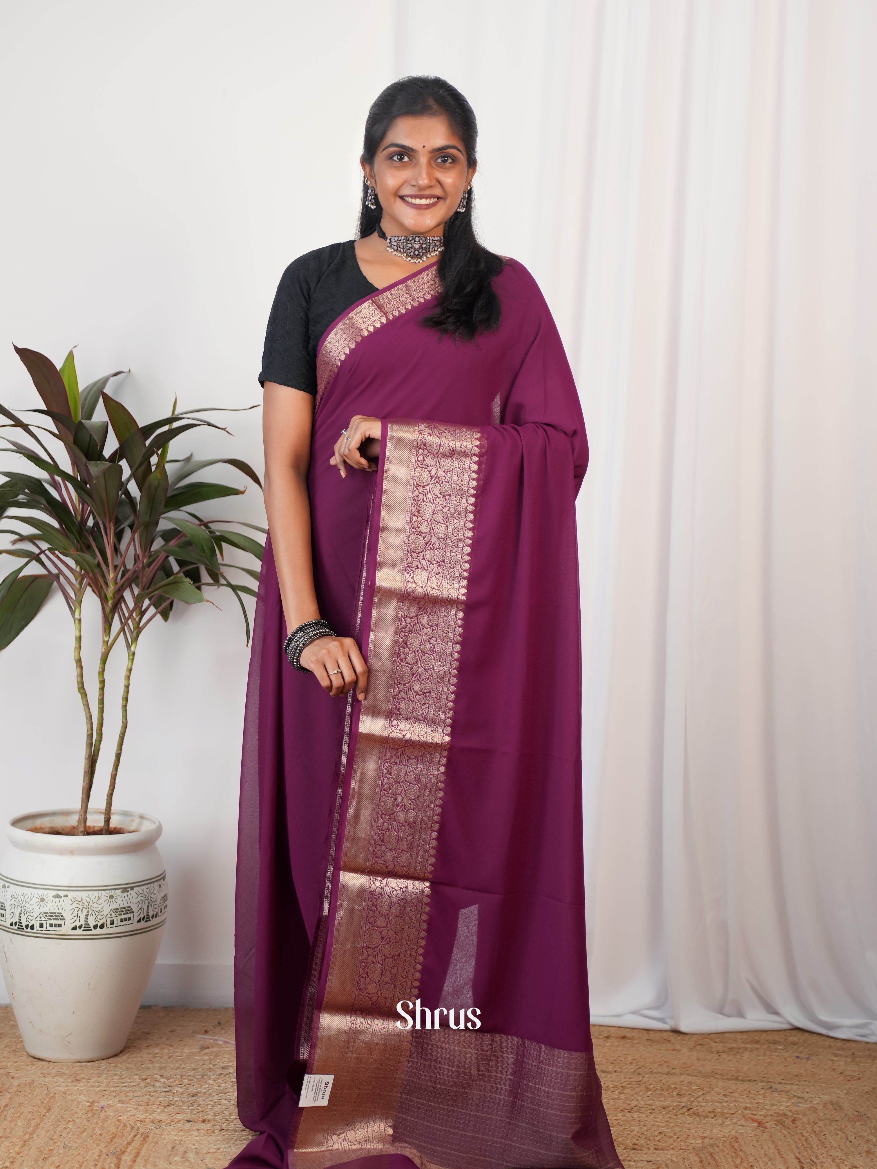 Maroon - Semi Georgette Saree - Shop on Shrus.com