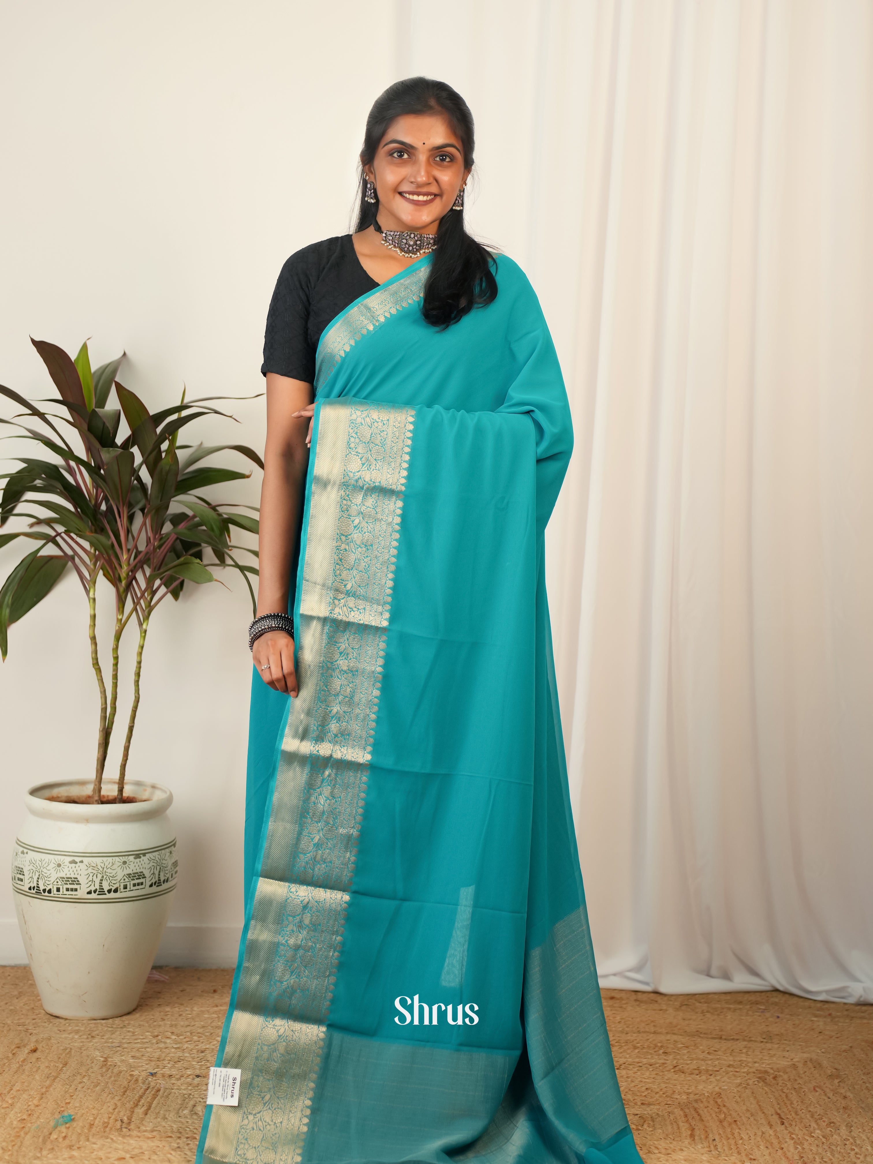 Teal- Semi Georgette Saree - Shop on Shrus.com
