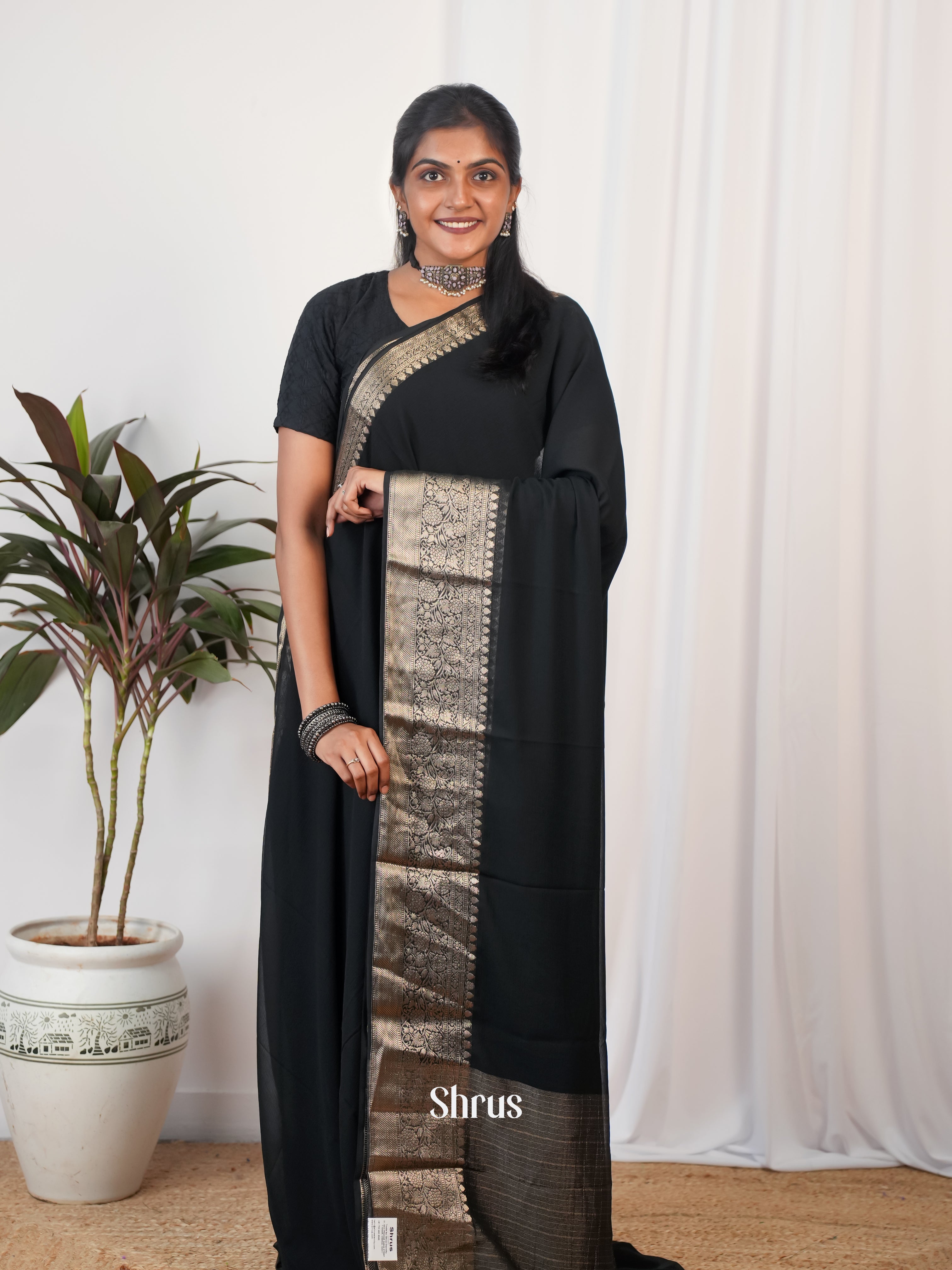 Black - Semi Georgette Saree - Shop on Shrus.com