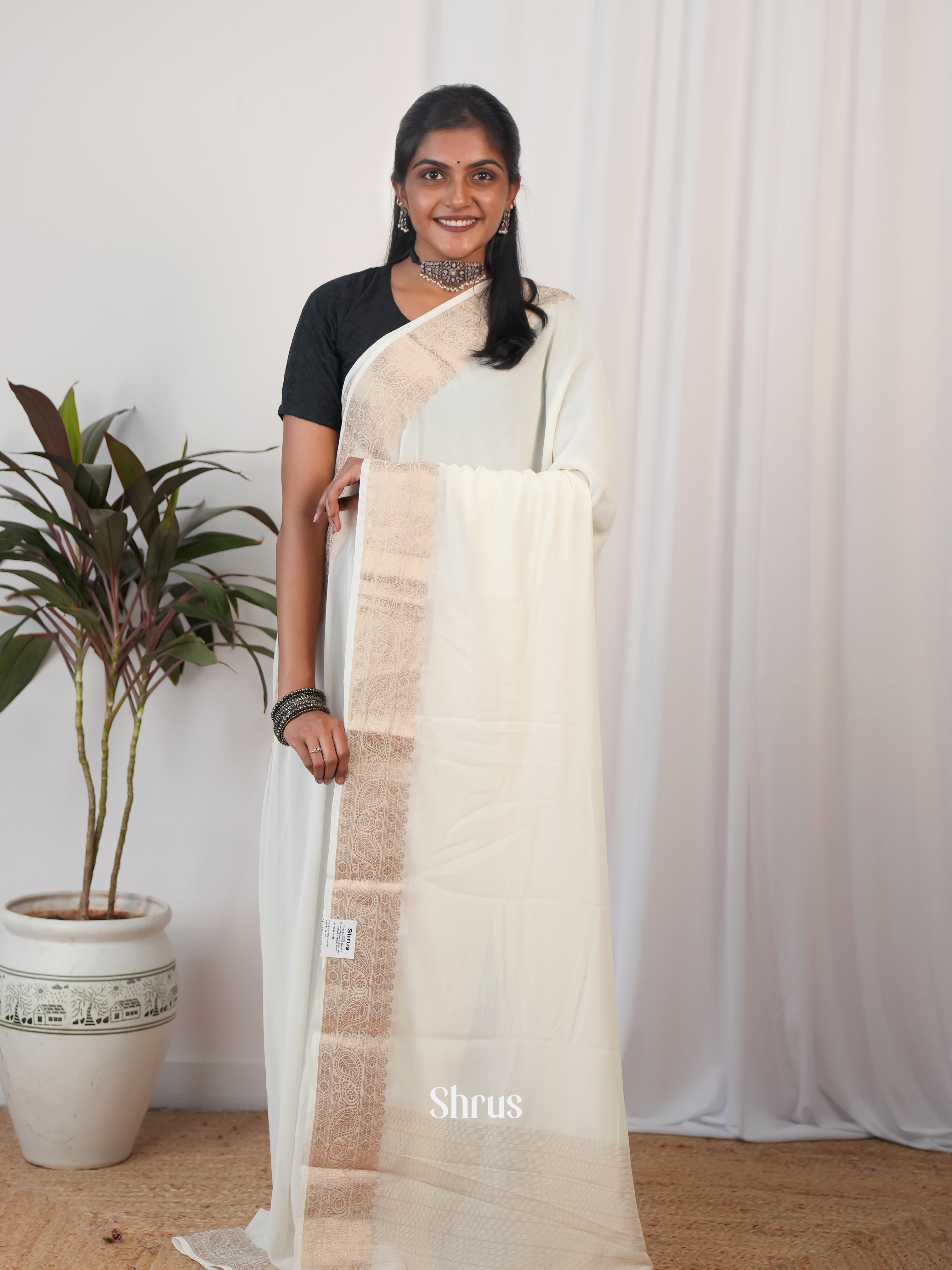 Cream - Semi Georgette Saree - Shop on Shrus.com