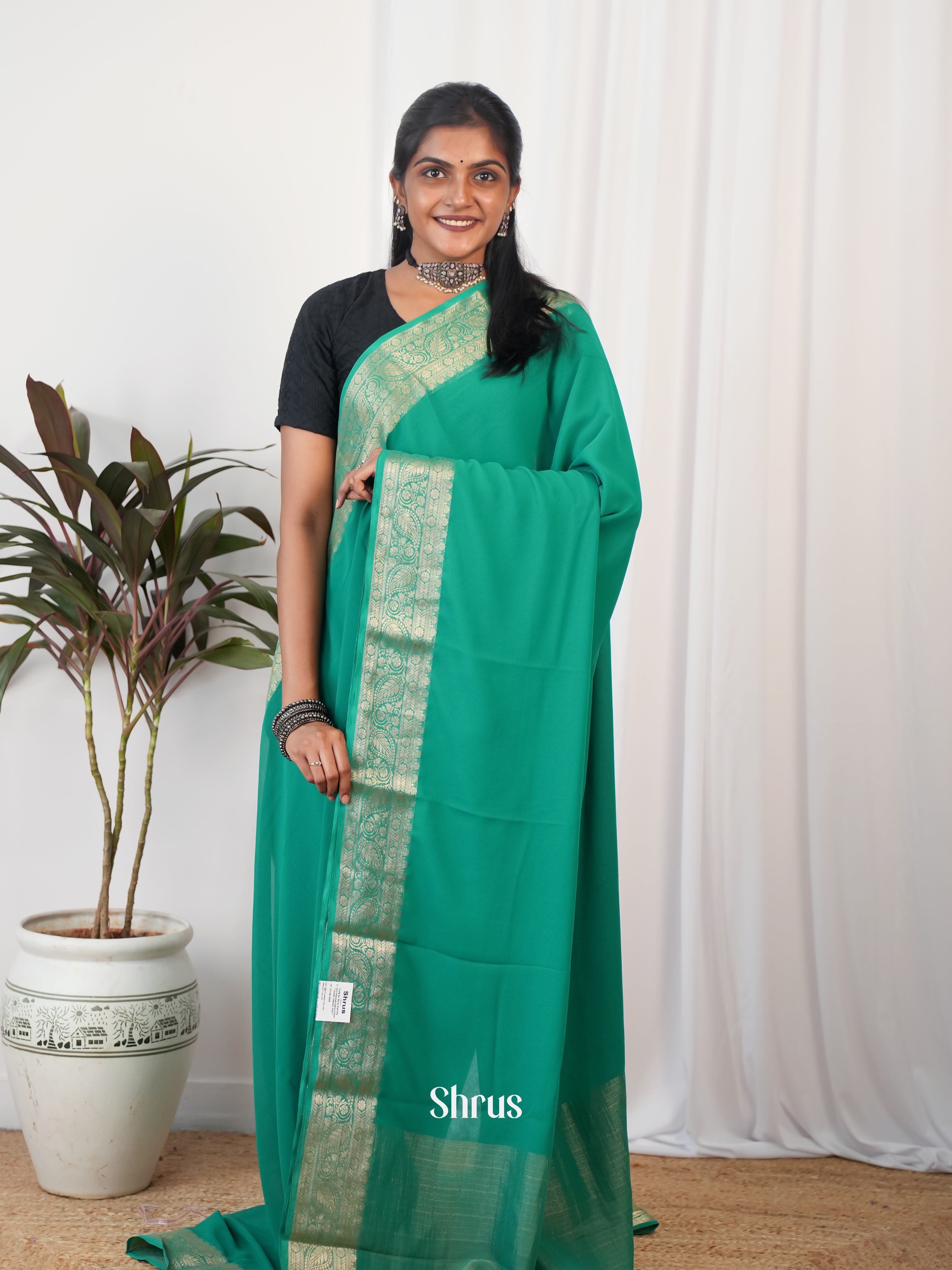 Green - Semi Georgette Saree - Shop on Shrus.com