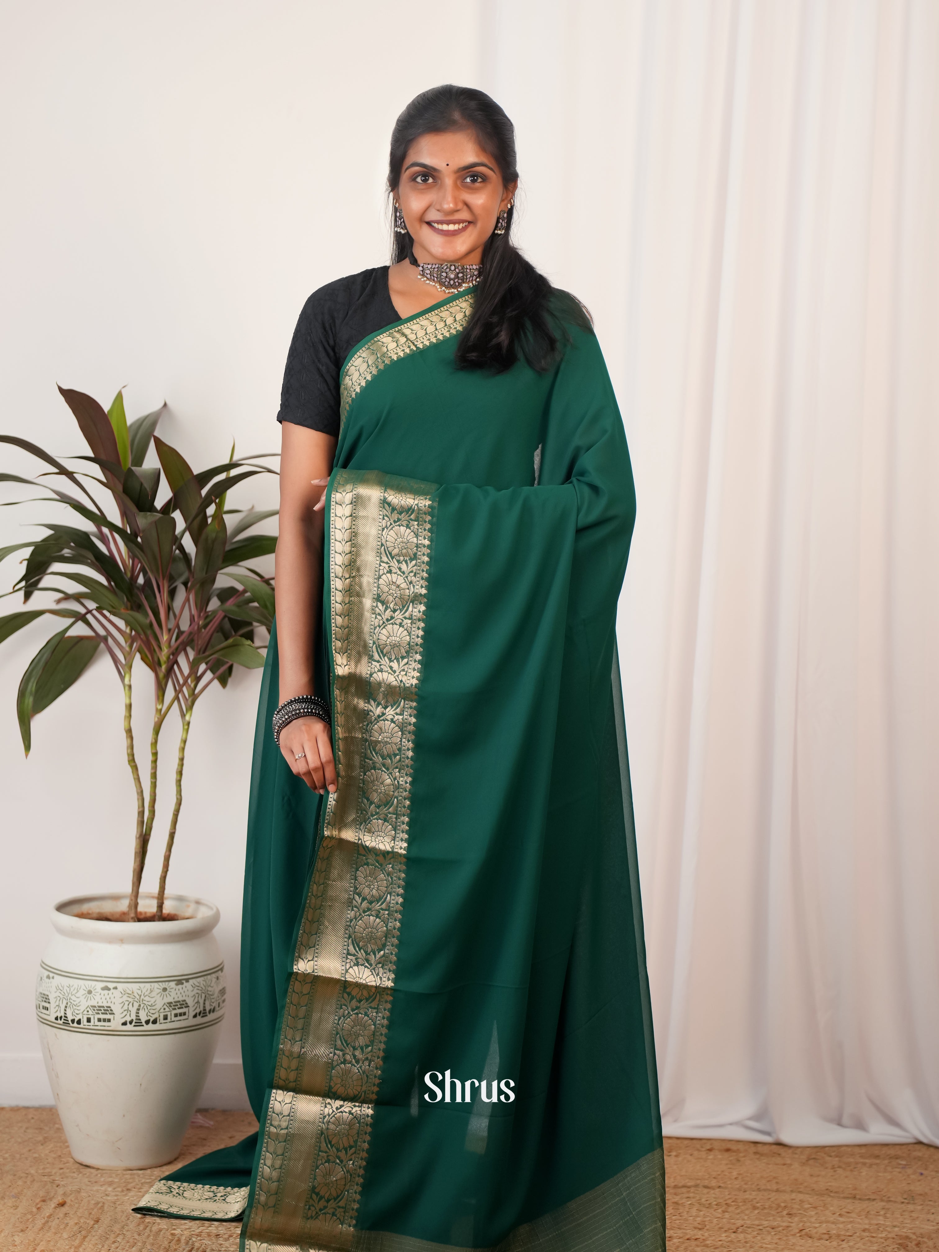 Green - Semi Georgette Saree - Shop on Shrus.com