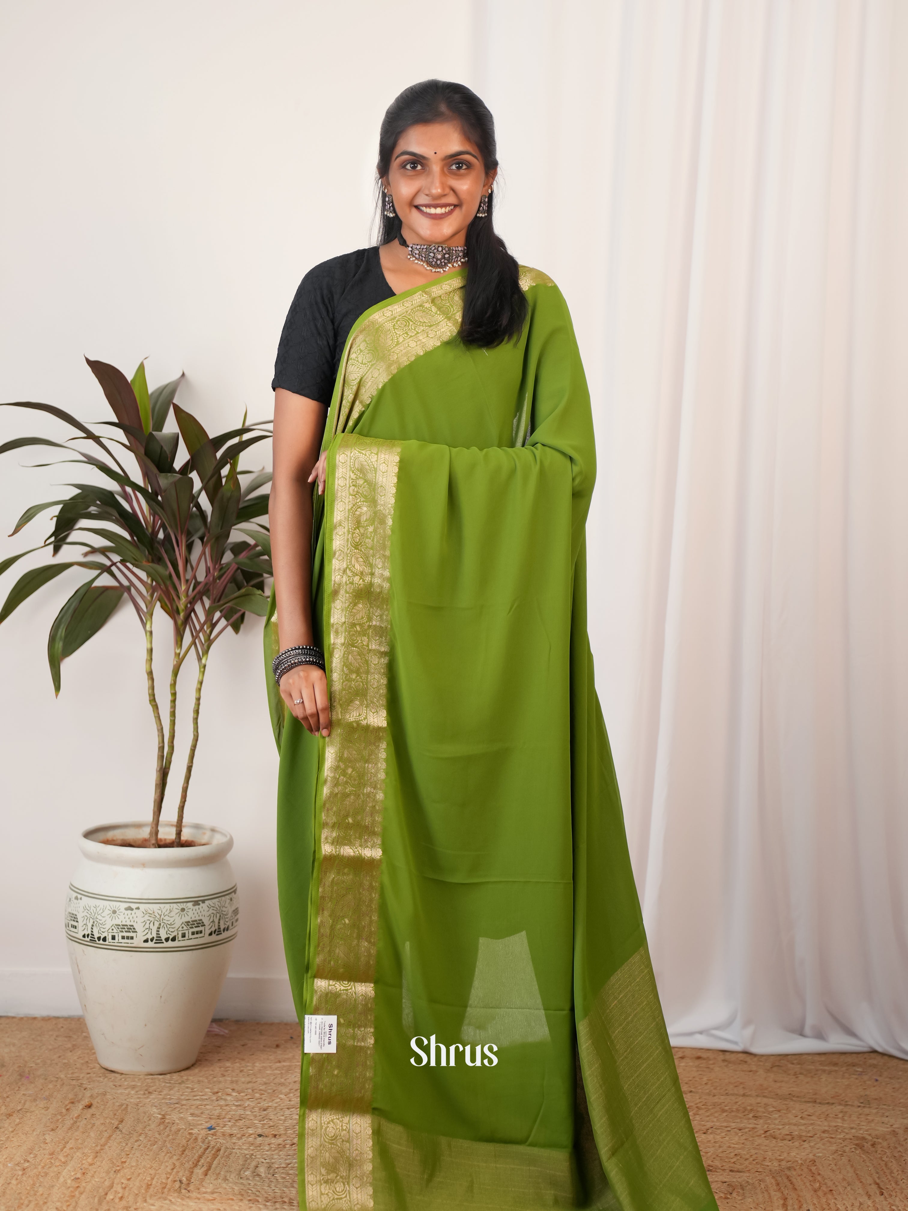 Green - Semi Georgette Saree - Shop on Shrus.com