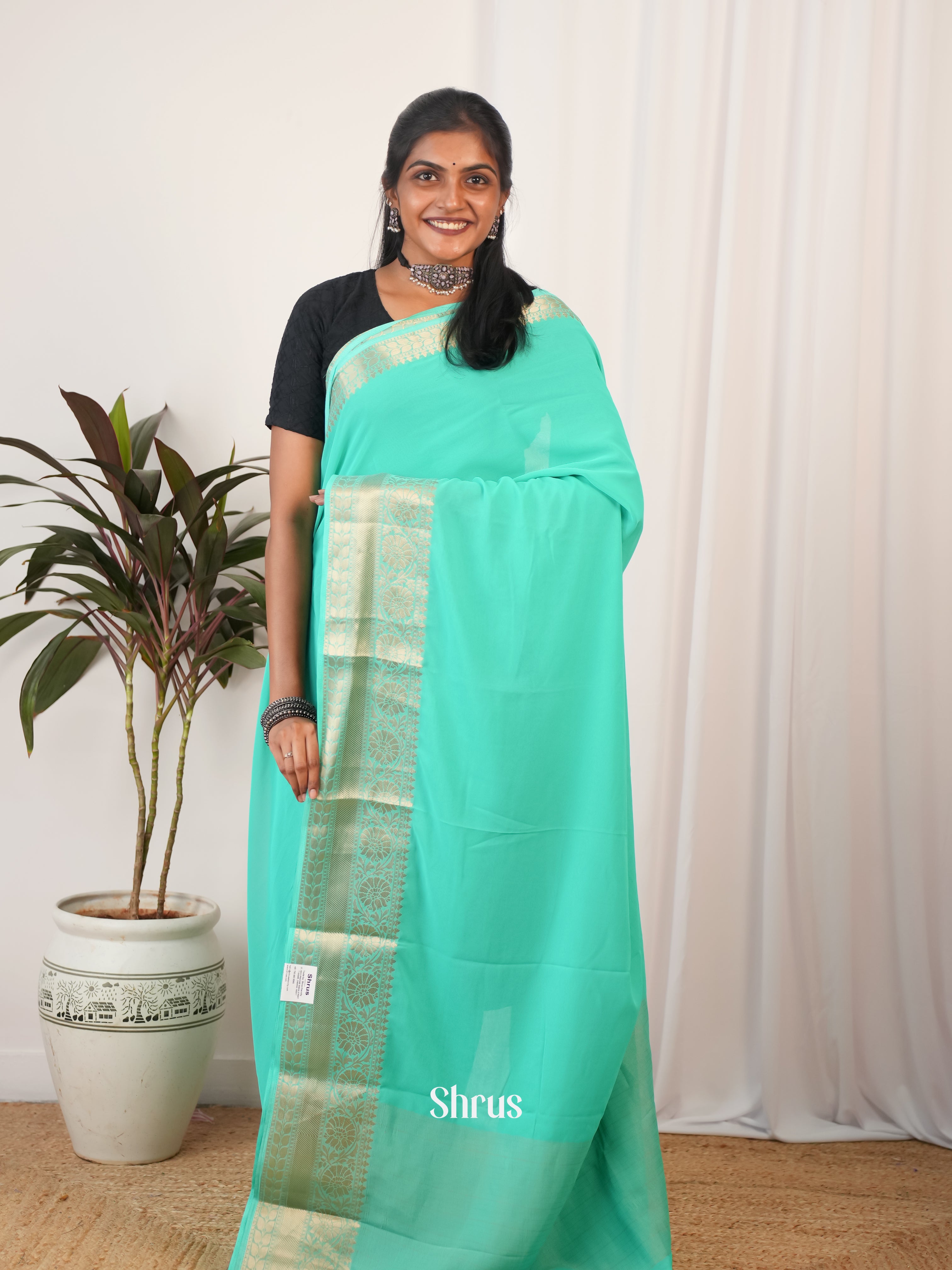 Teal Green - Semi Georgette Saree - Shop on Shrus.com