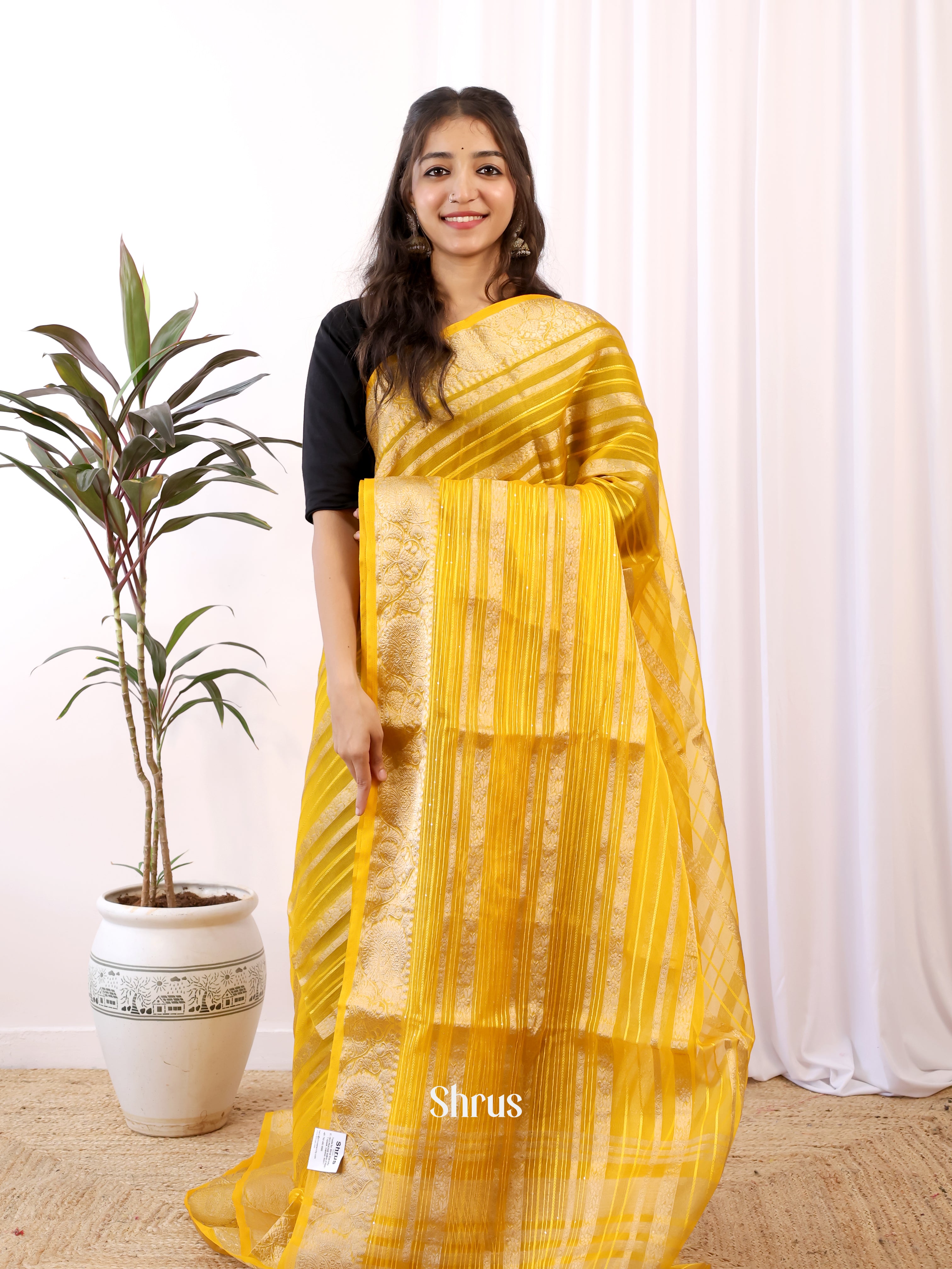 Yellow - Semi Organza Saree - Shop on Shrus.com