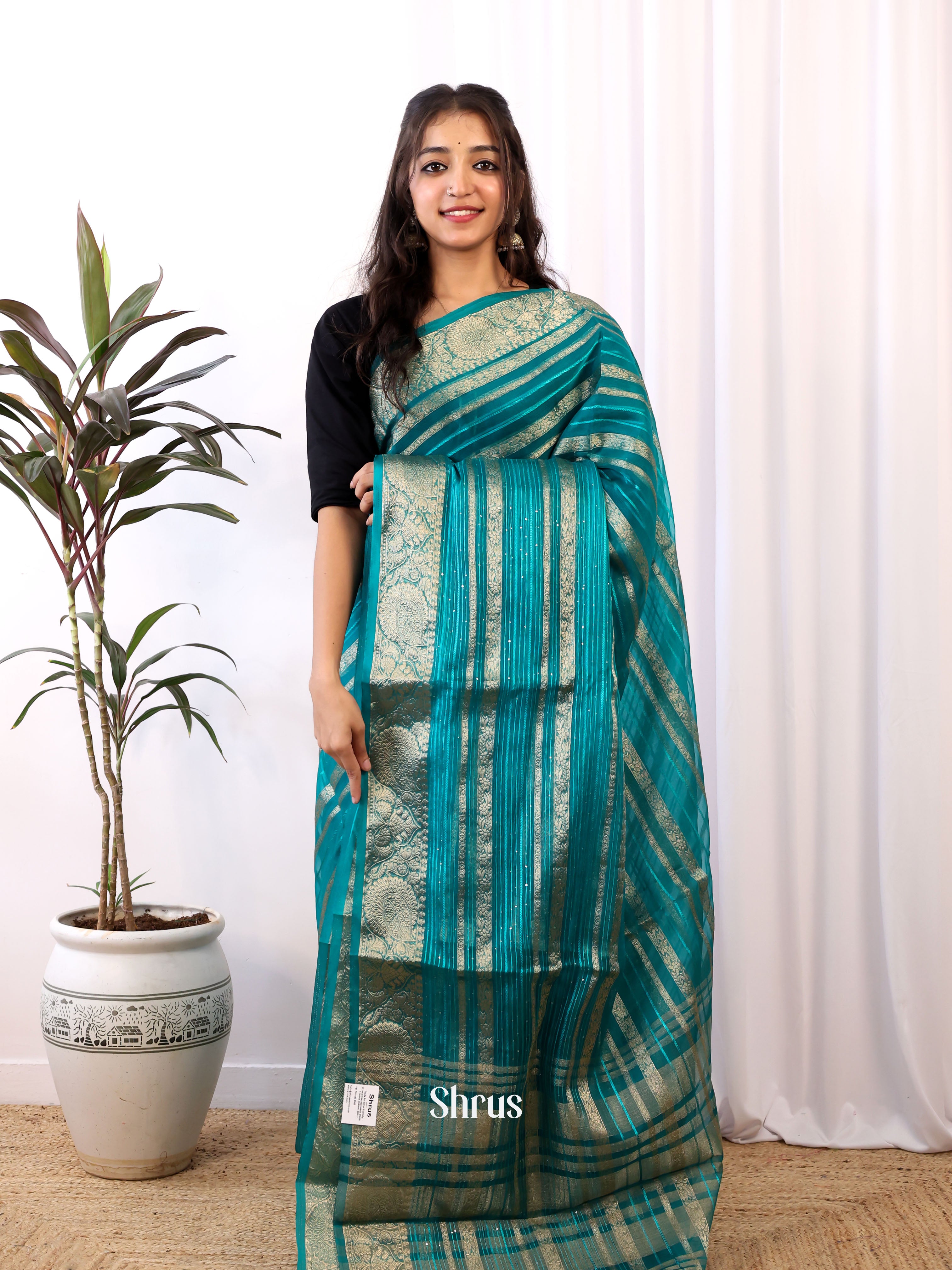 Blue - Semi Organza Saree - Shop on Shrus.com
