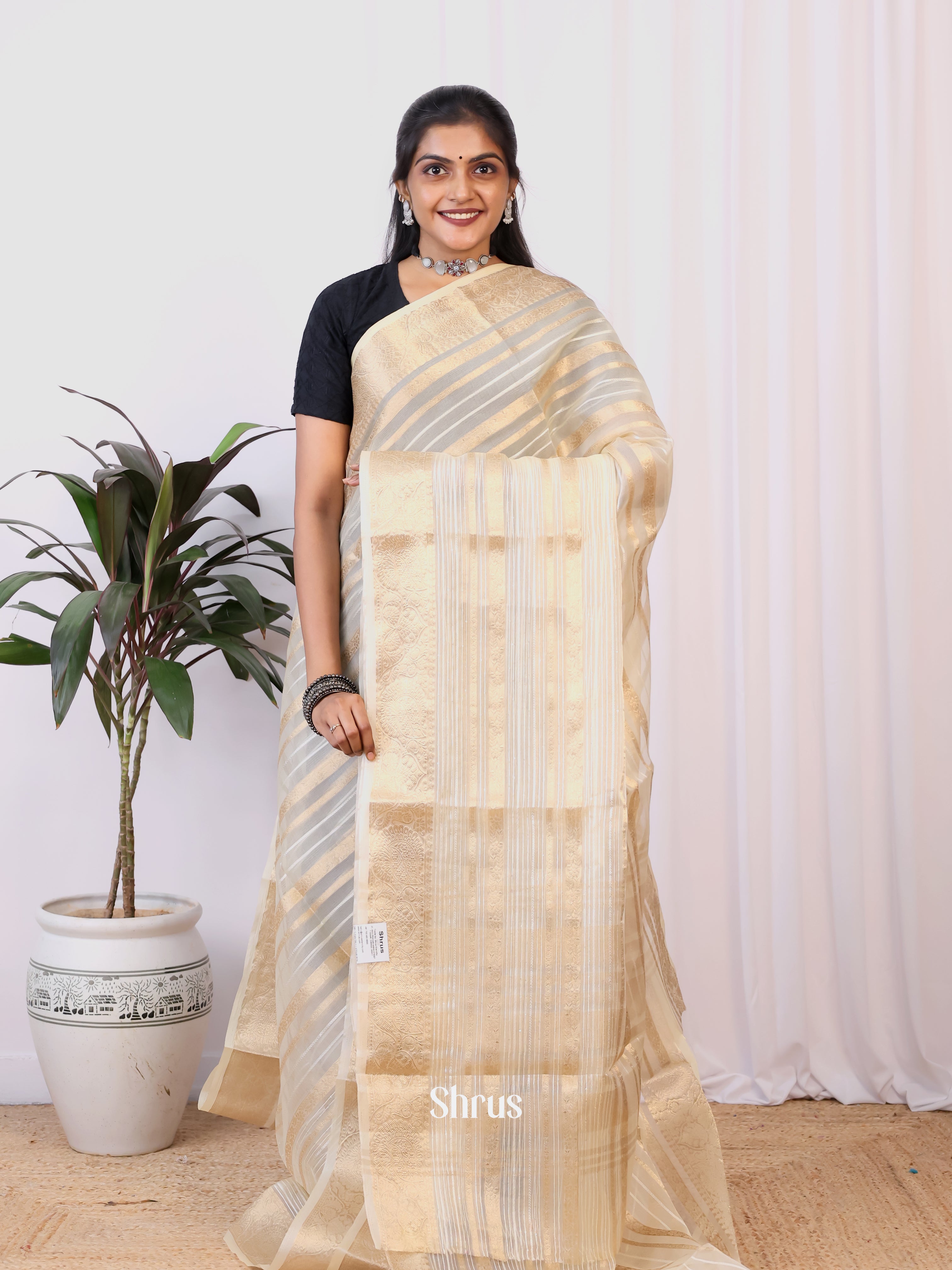 Cream - Semi Organza Saree - Shop on Shrus.com