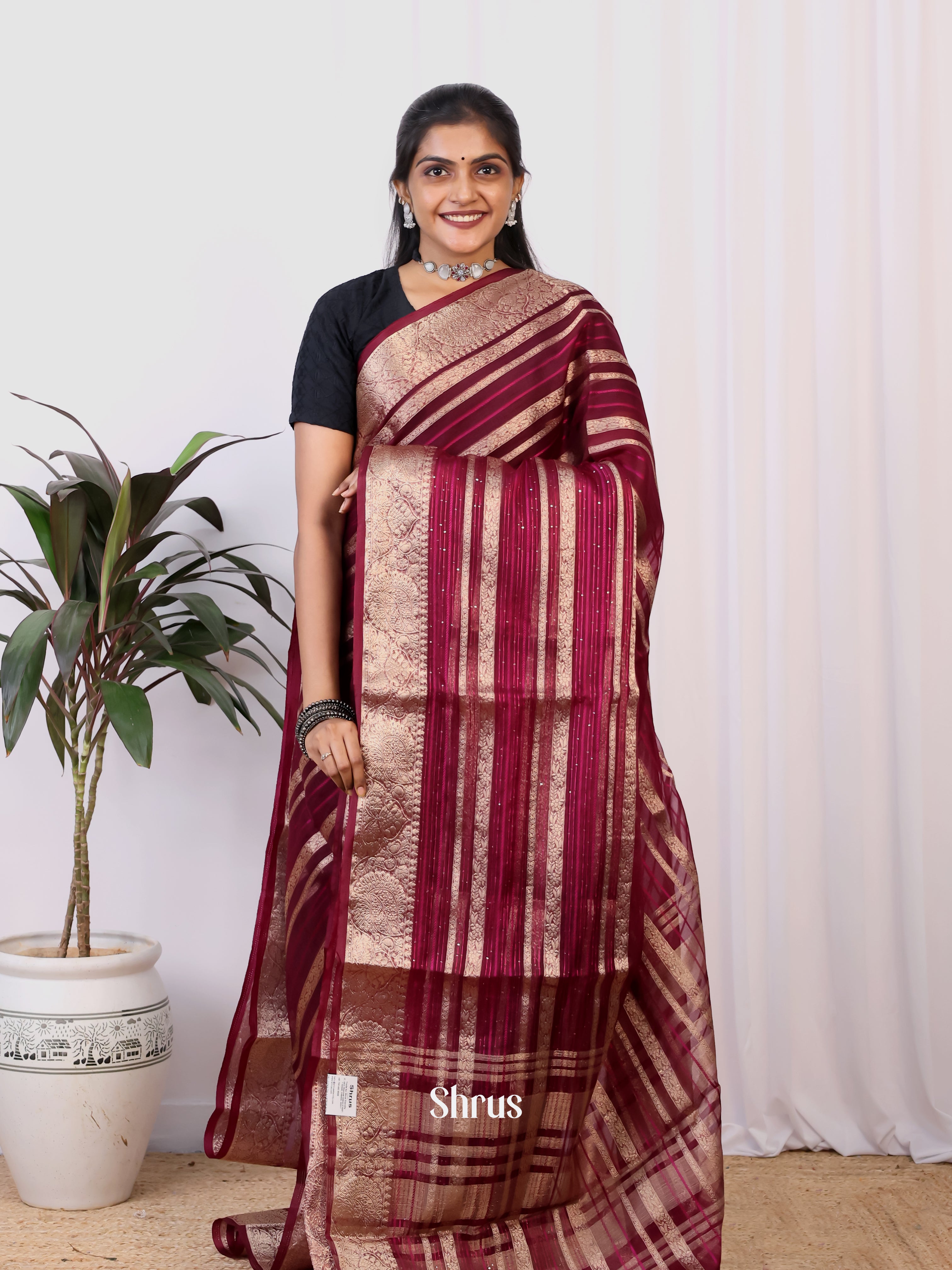 Maroon - Semi Organza Saree - Shop on Shrus.com