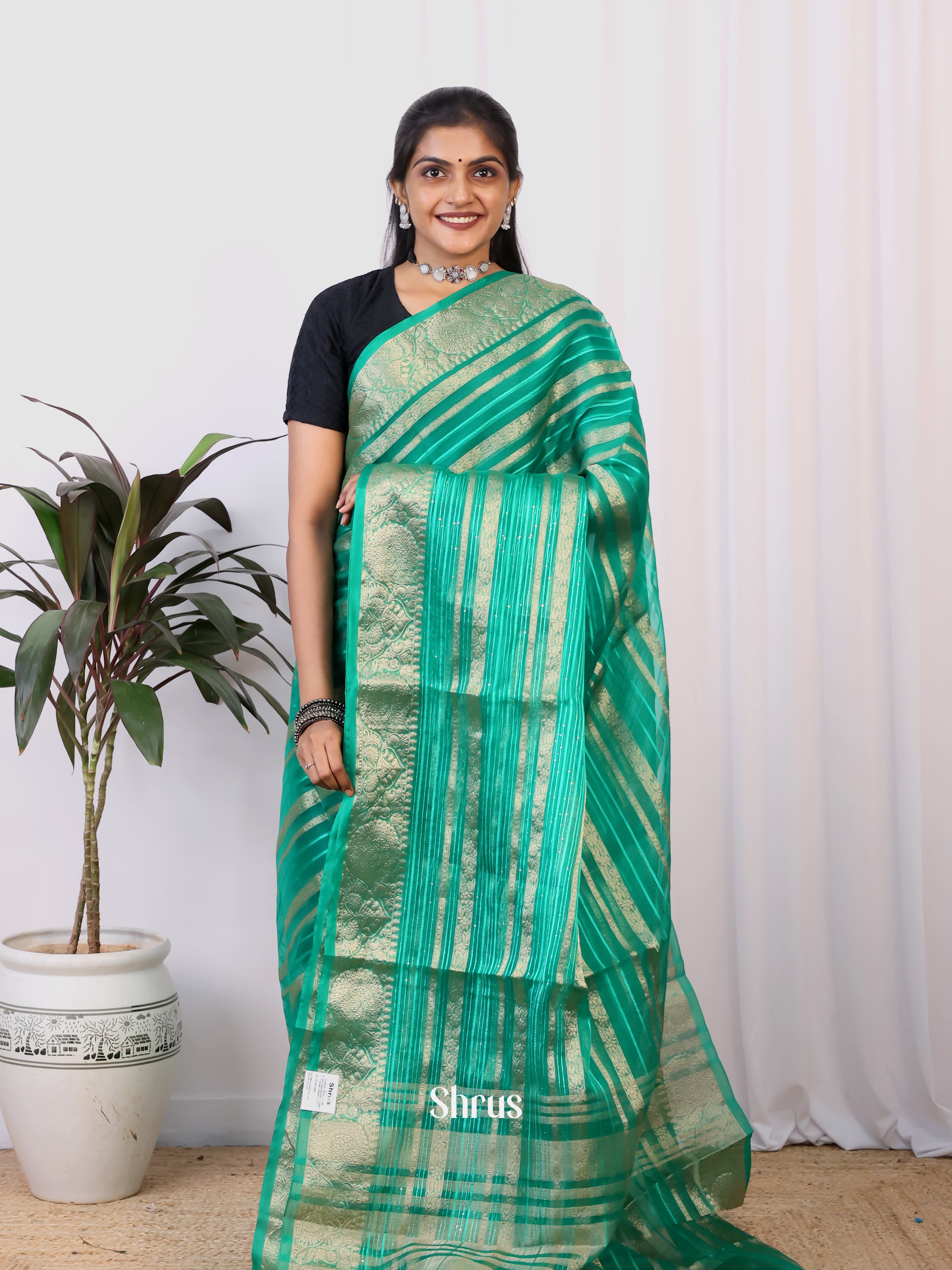 Green - Semi Organza Saree - Shop on Shrus.com