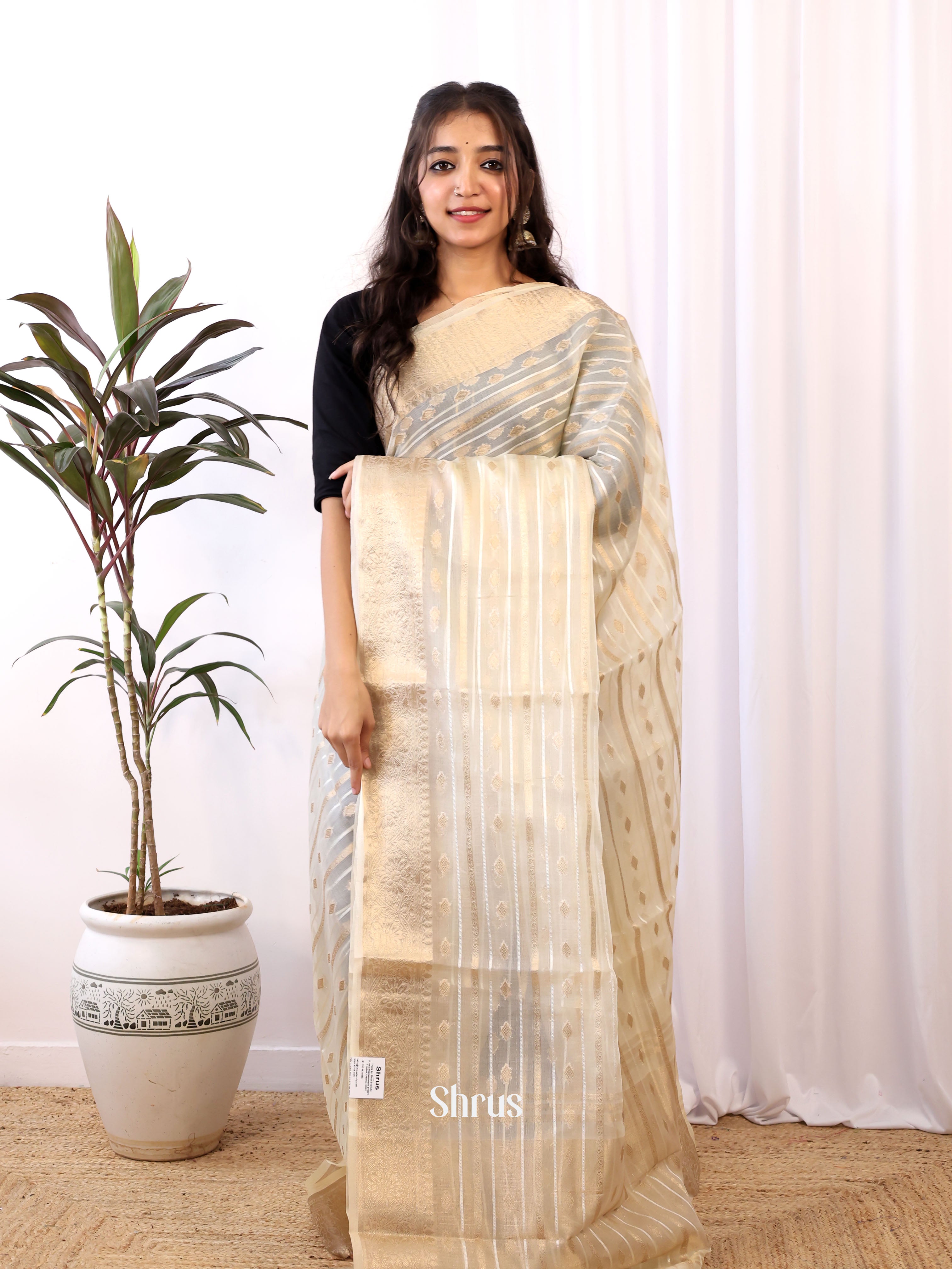 Cream - Semi Organza Saree - Shop on Shrus.com