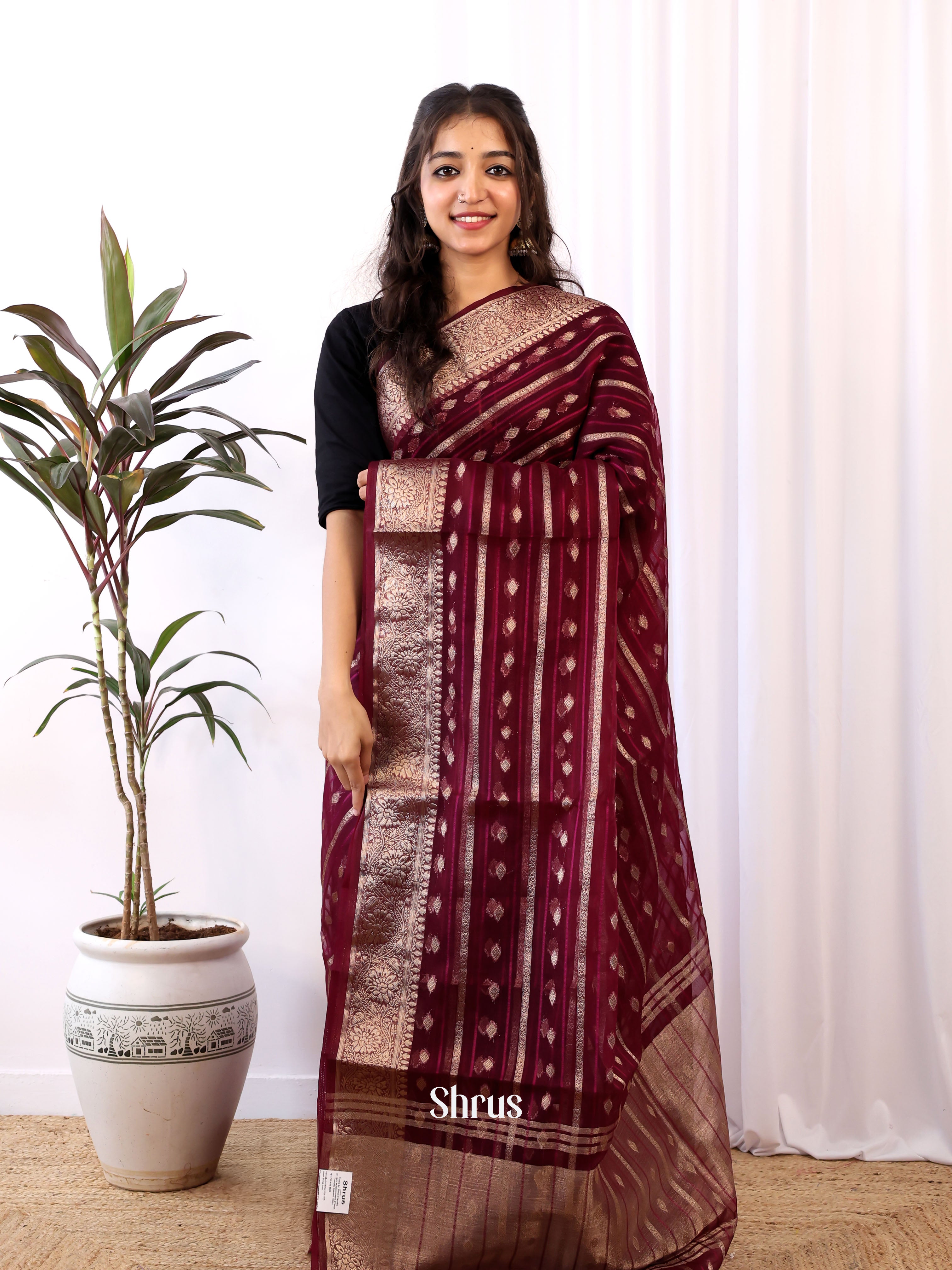 Maroon - Semi Organza Saree - Shop on Shrus.com