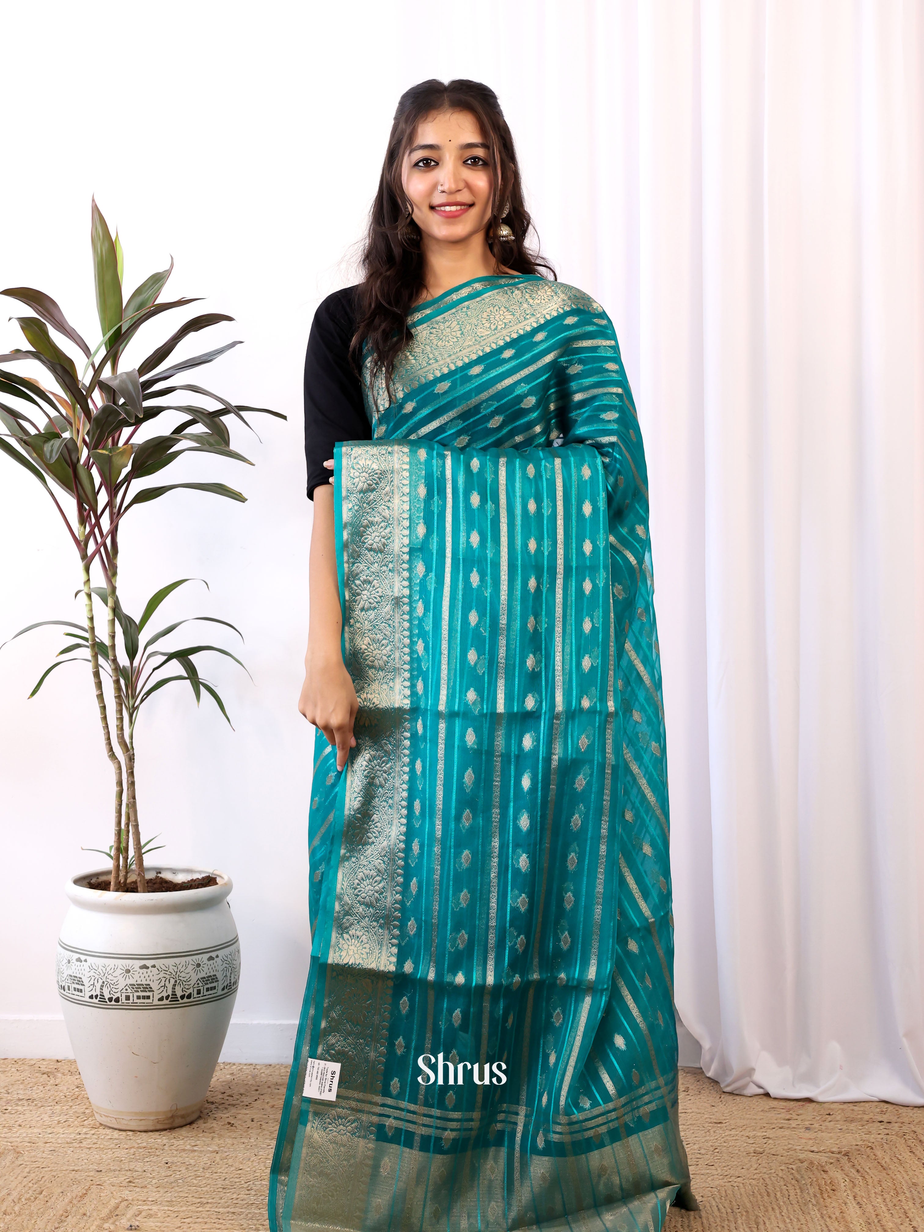 Blue - Semi Organza Saree - Shop on Shrus.com