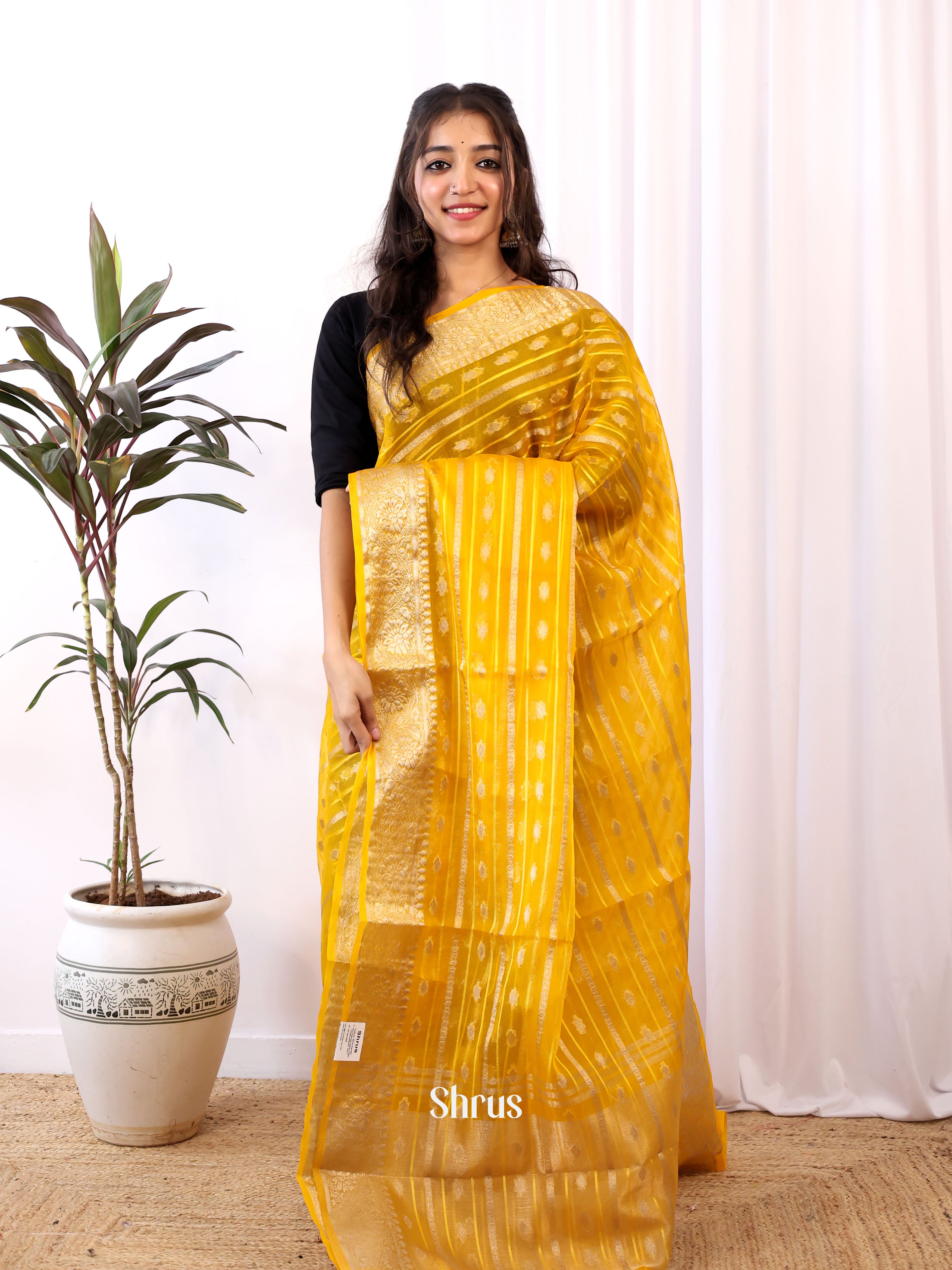 Yellow - Semi Organza Saree - Shop on Shrus.com