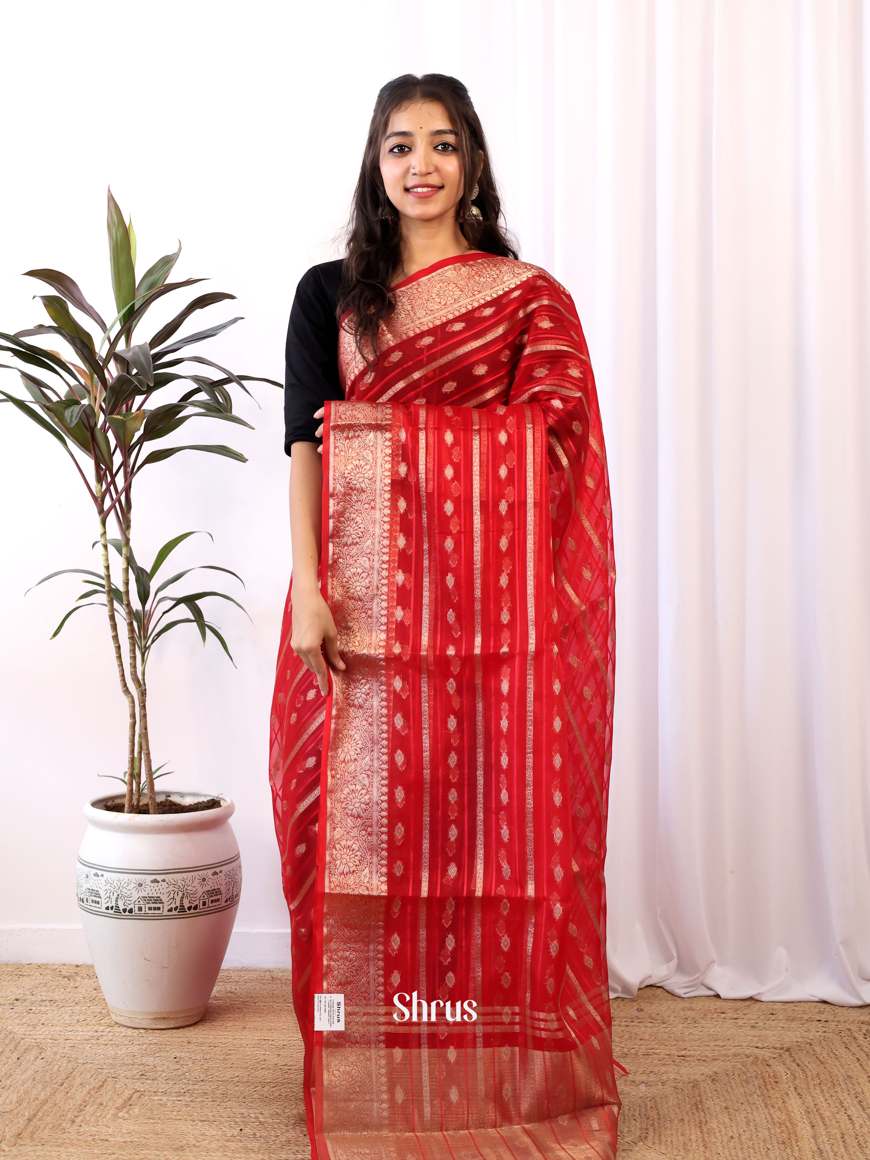 Red - Semi Organza Saree - Shop on Shrus.com