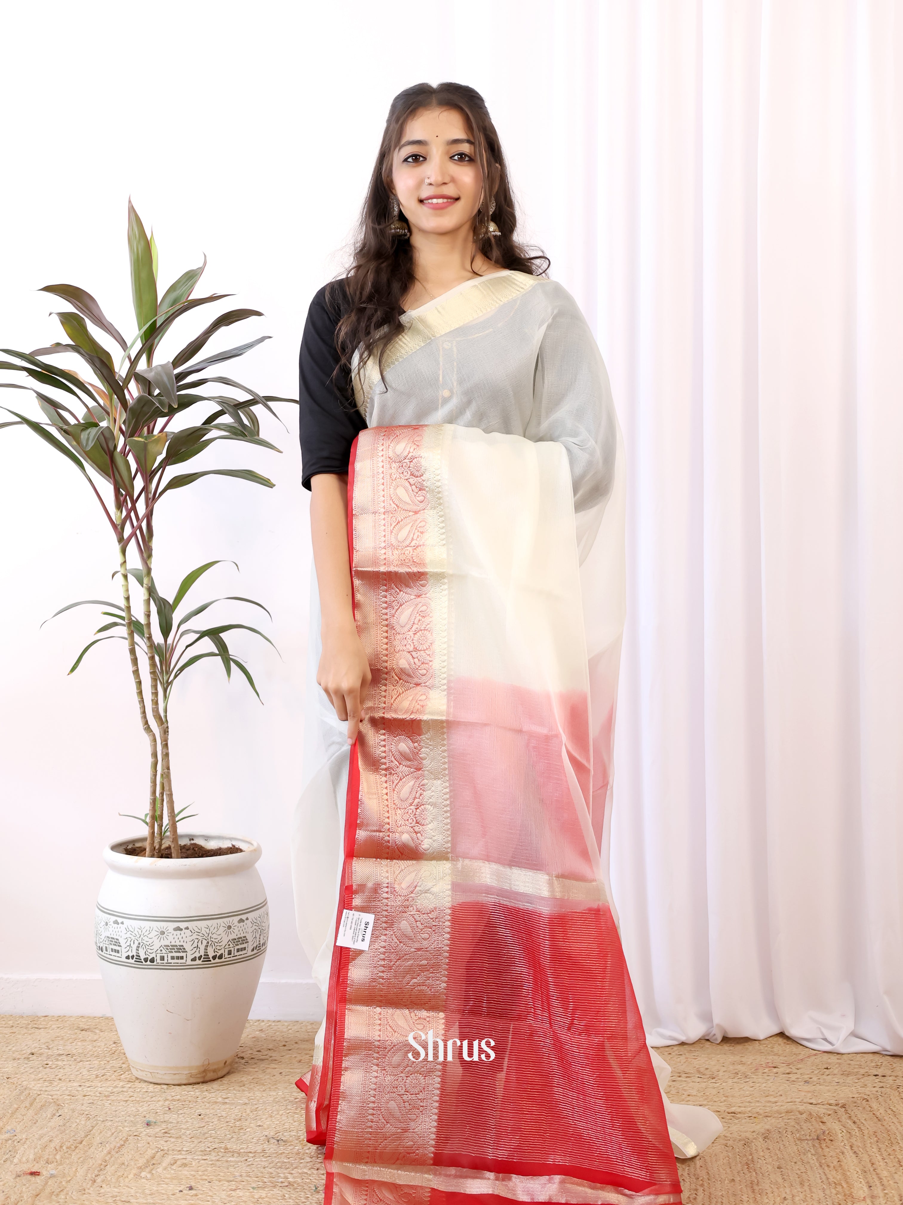 Cream & Red - Semi Organza Saree - Shop on Shrus.com