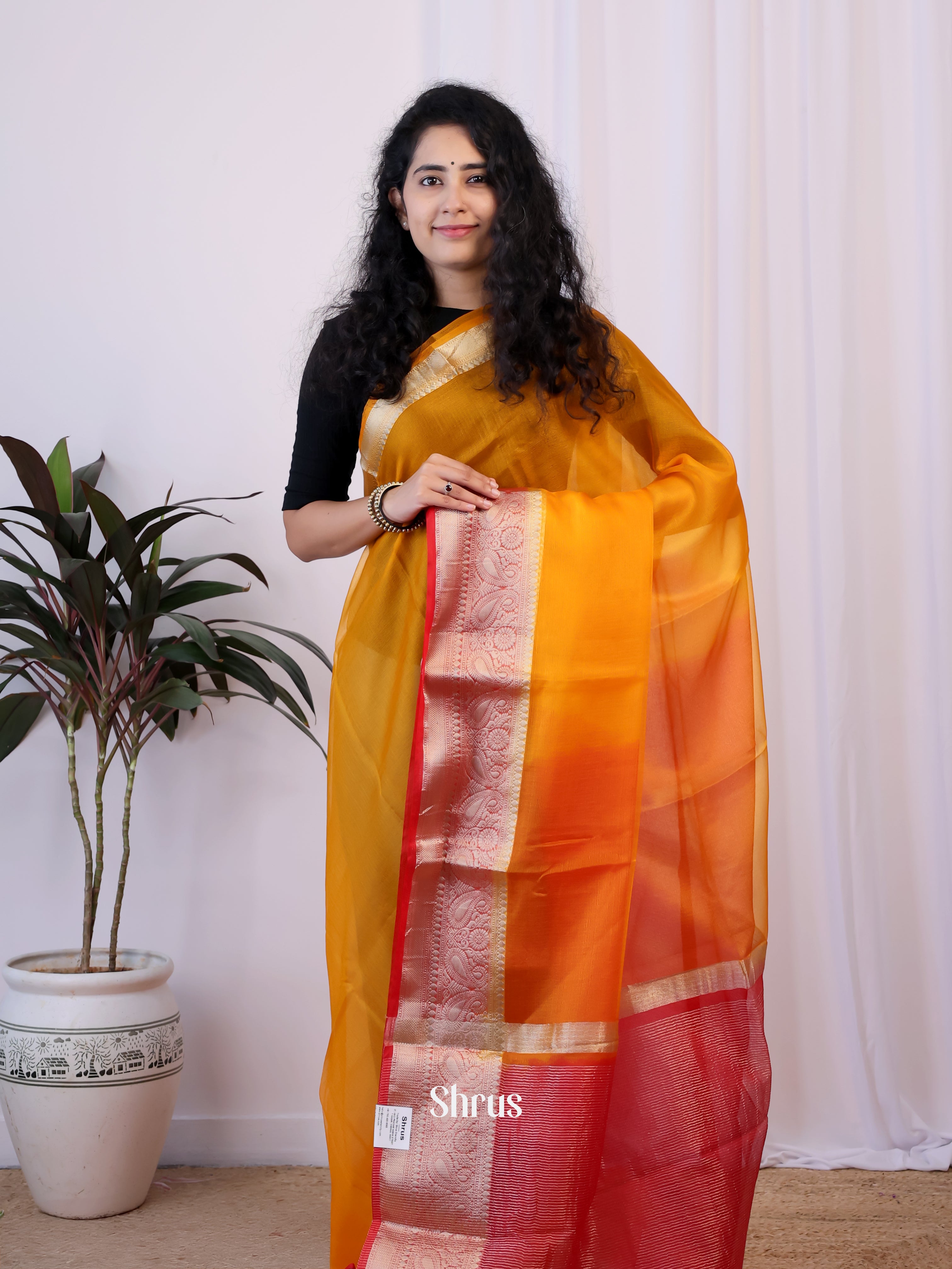 Orange & Red - Semi Organza Saree - Shop on Shrus.com