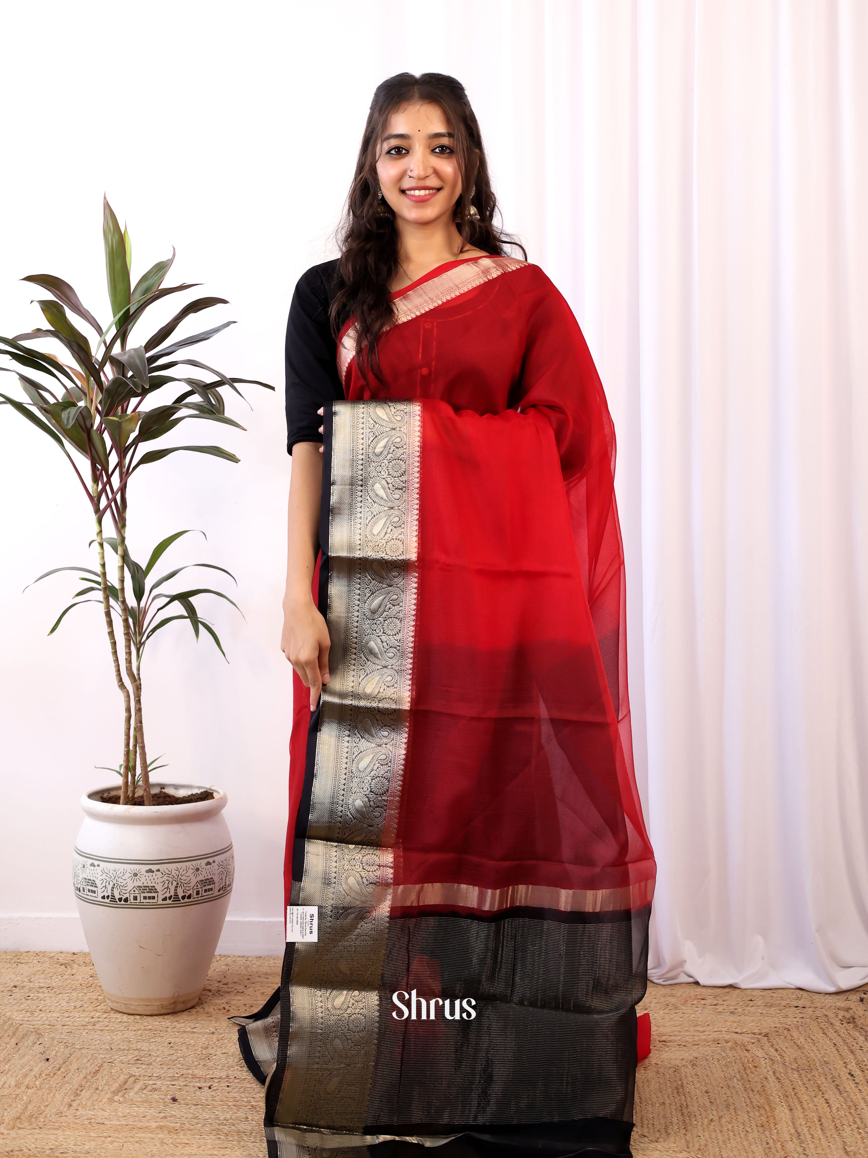 Red & Black- Semi Organza Saree - Shop on Shrus.com