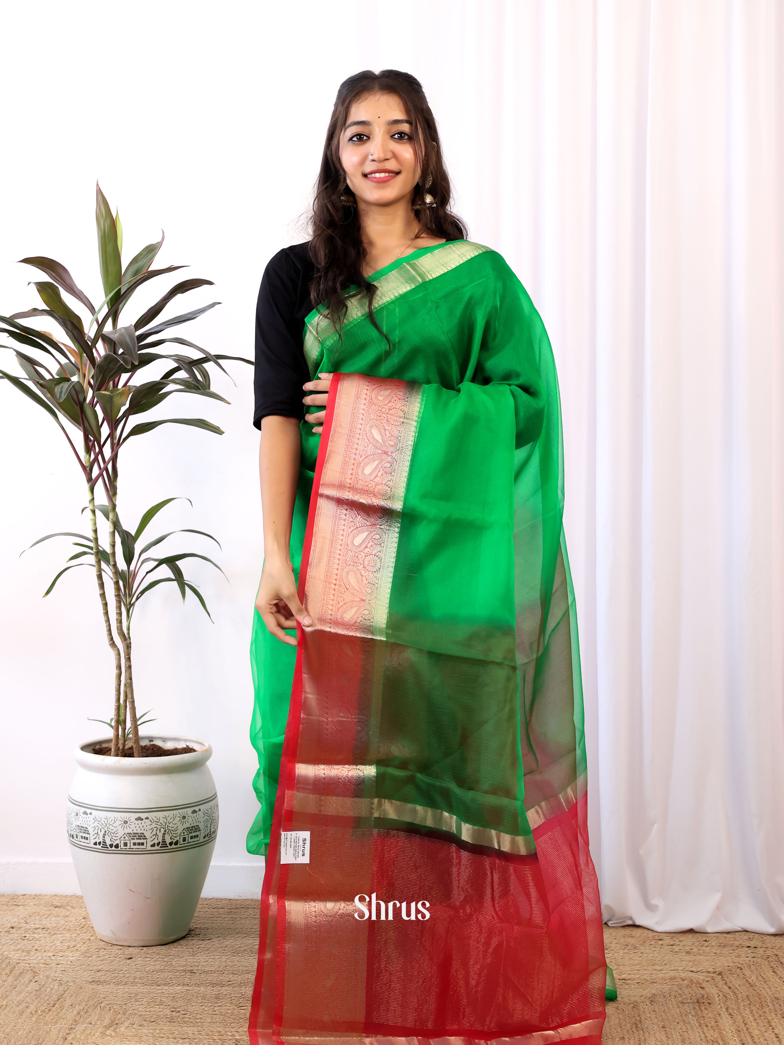 Green & Red - Semi Organza Saree - Shop on Shrus.com
