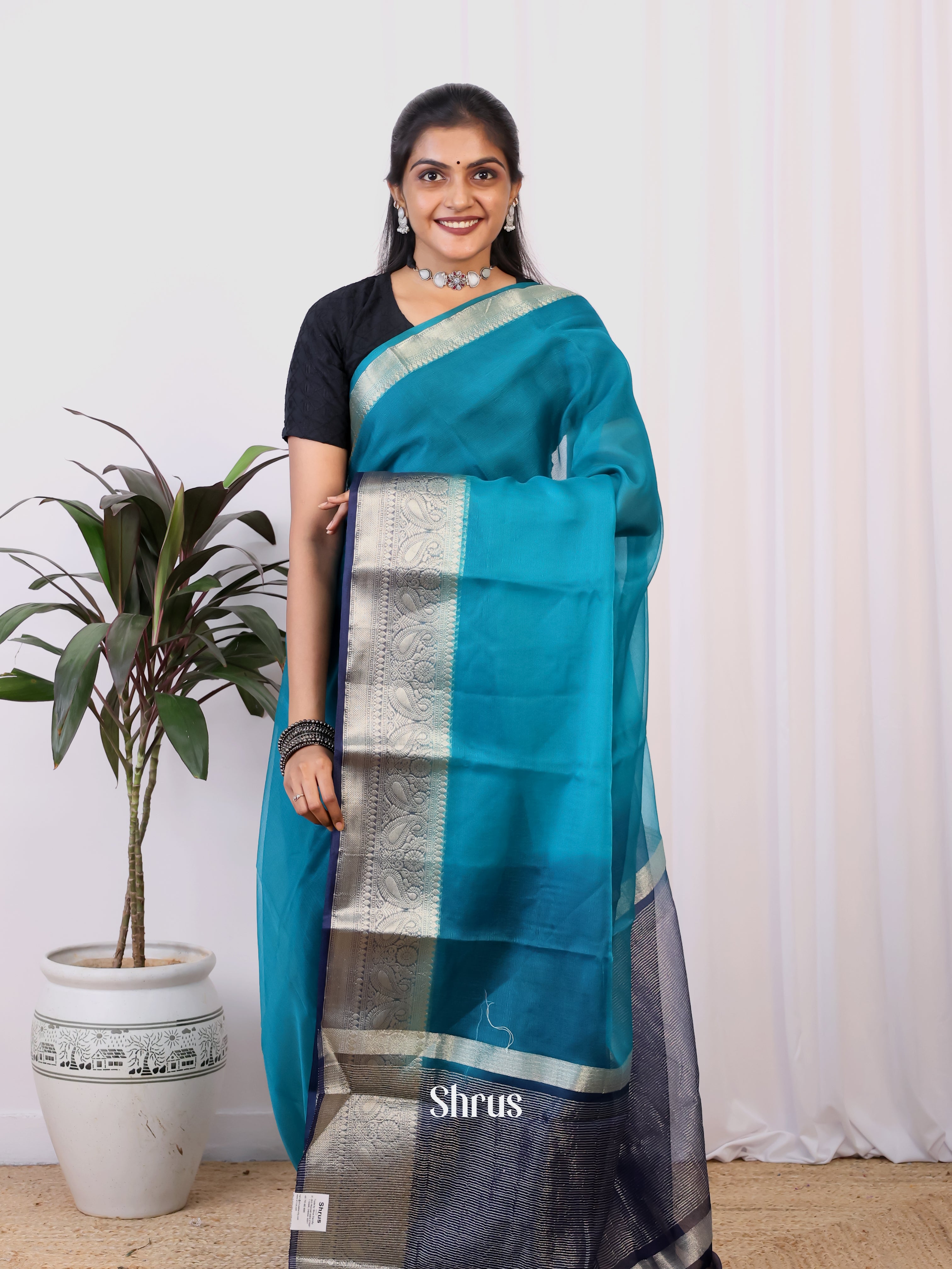 Teal & Blue - Semi Organza Saree - Shop on Shrus.com