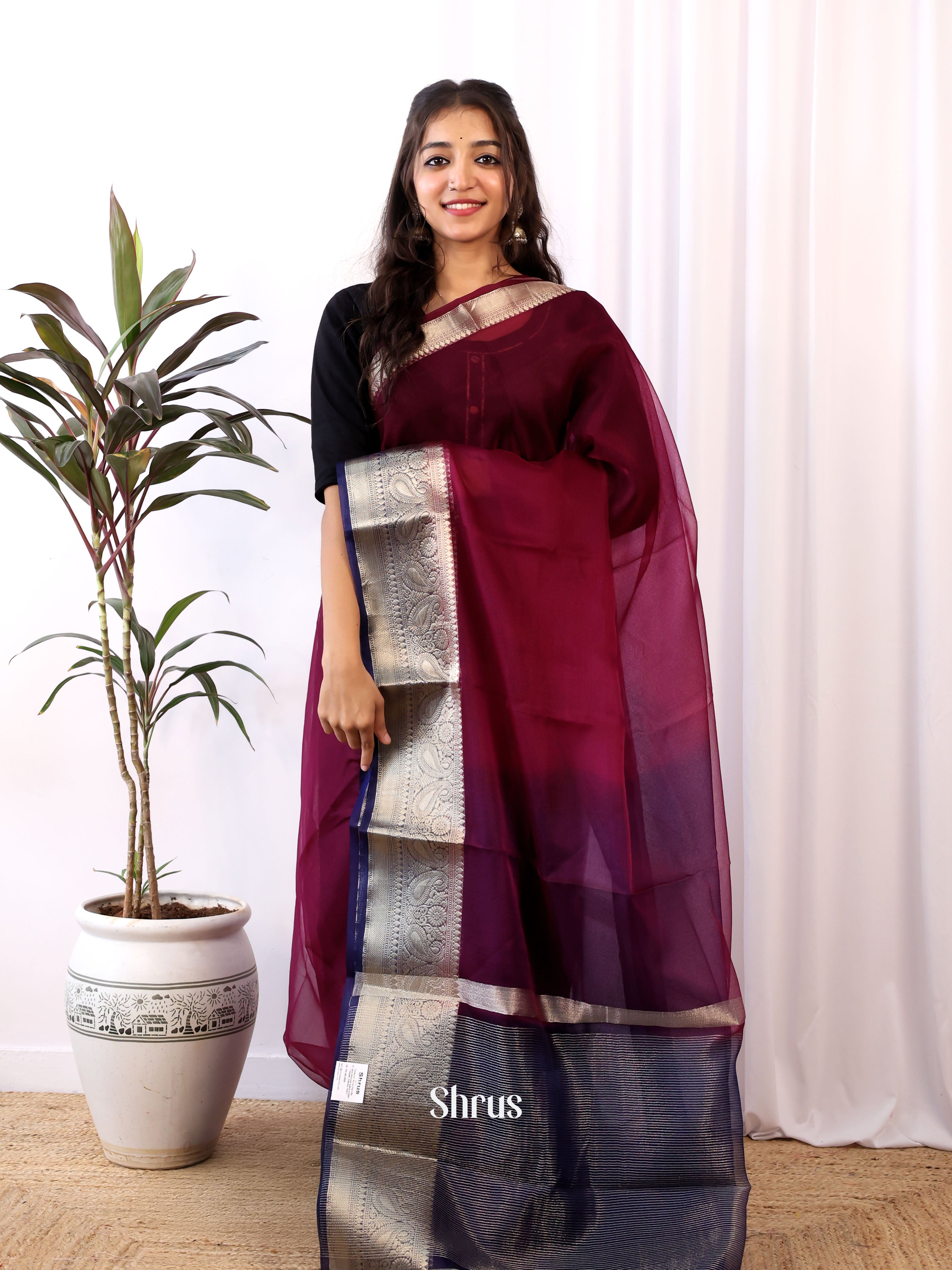 Wine & Violet - Semi Organza Saree - Shop on Shrus.com