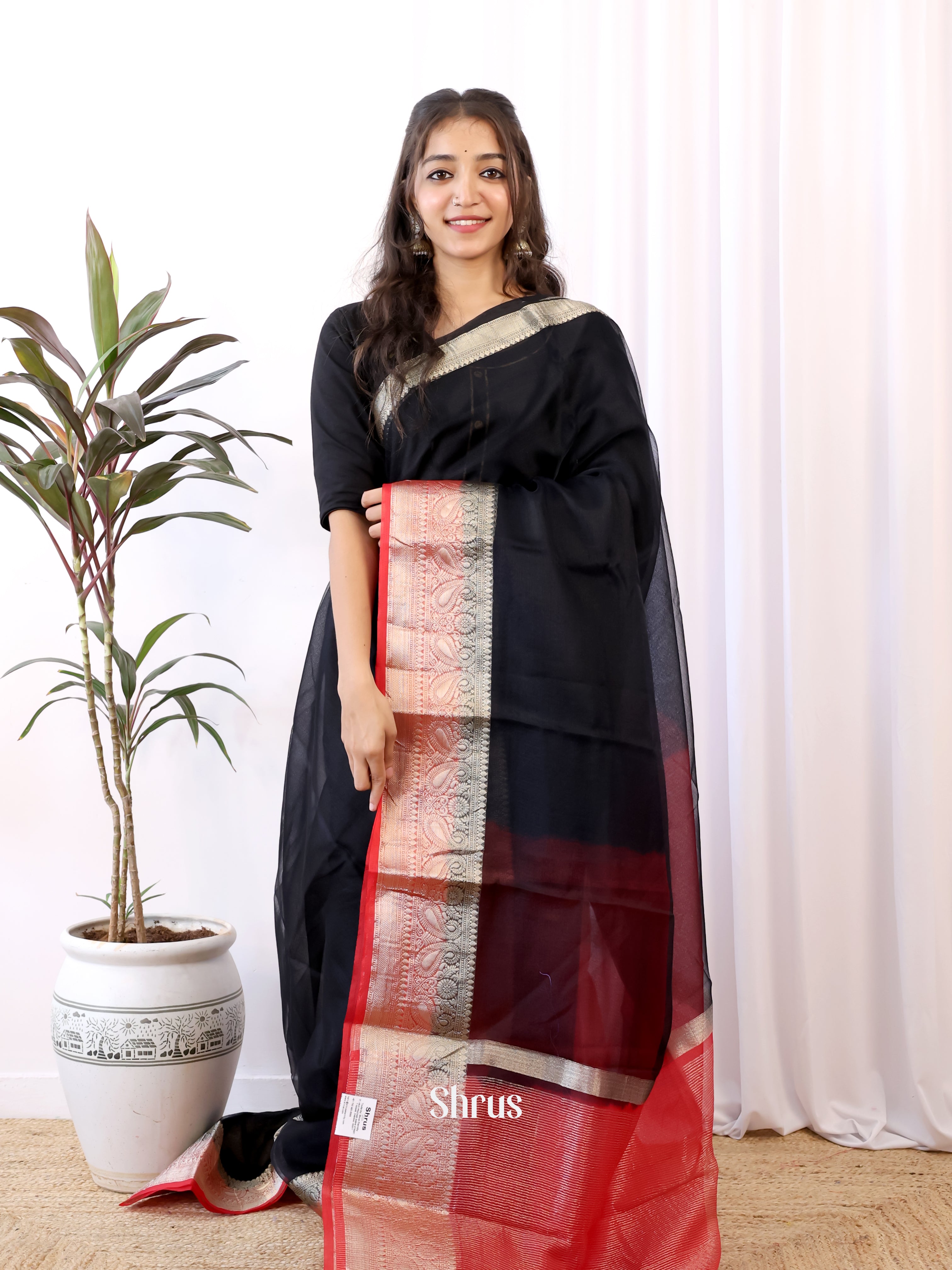 Black & Red - Semi Organza Saree - Shop on Shrus.com