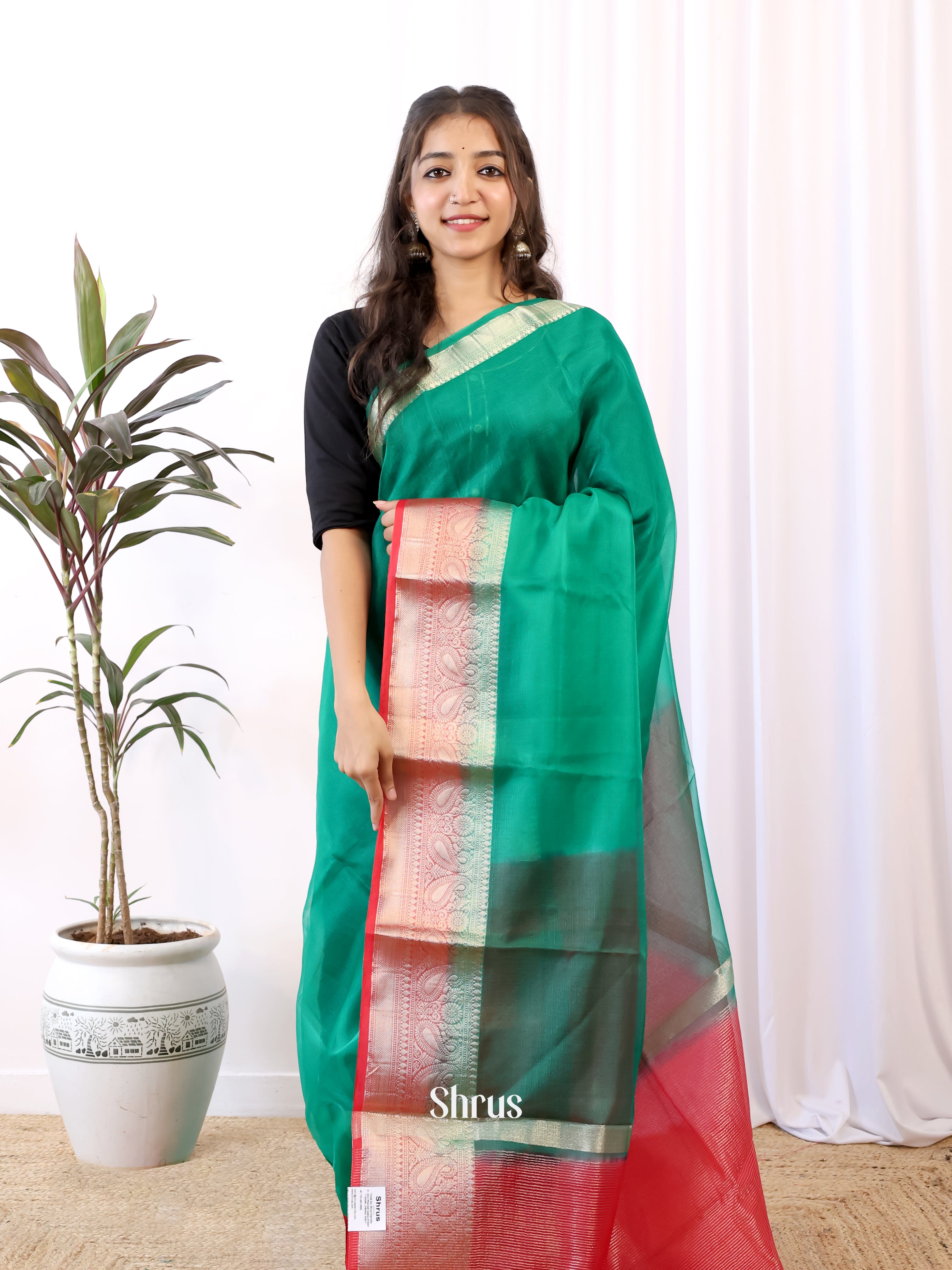 Green & Red- Semi Organza Saree - Shop on Shrus.com