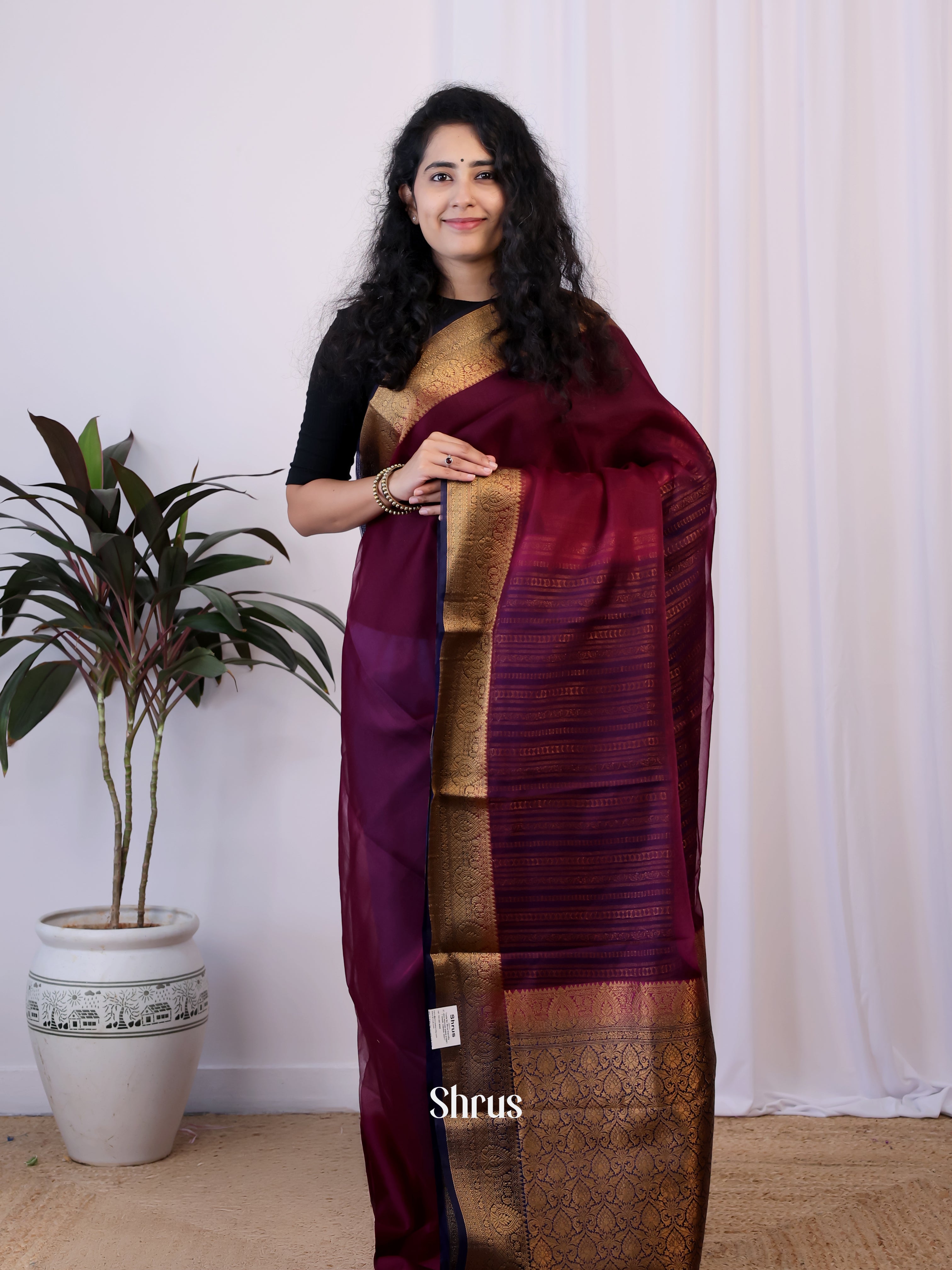 Maroon - Semi Organza Saree - Shop on Shrus.com