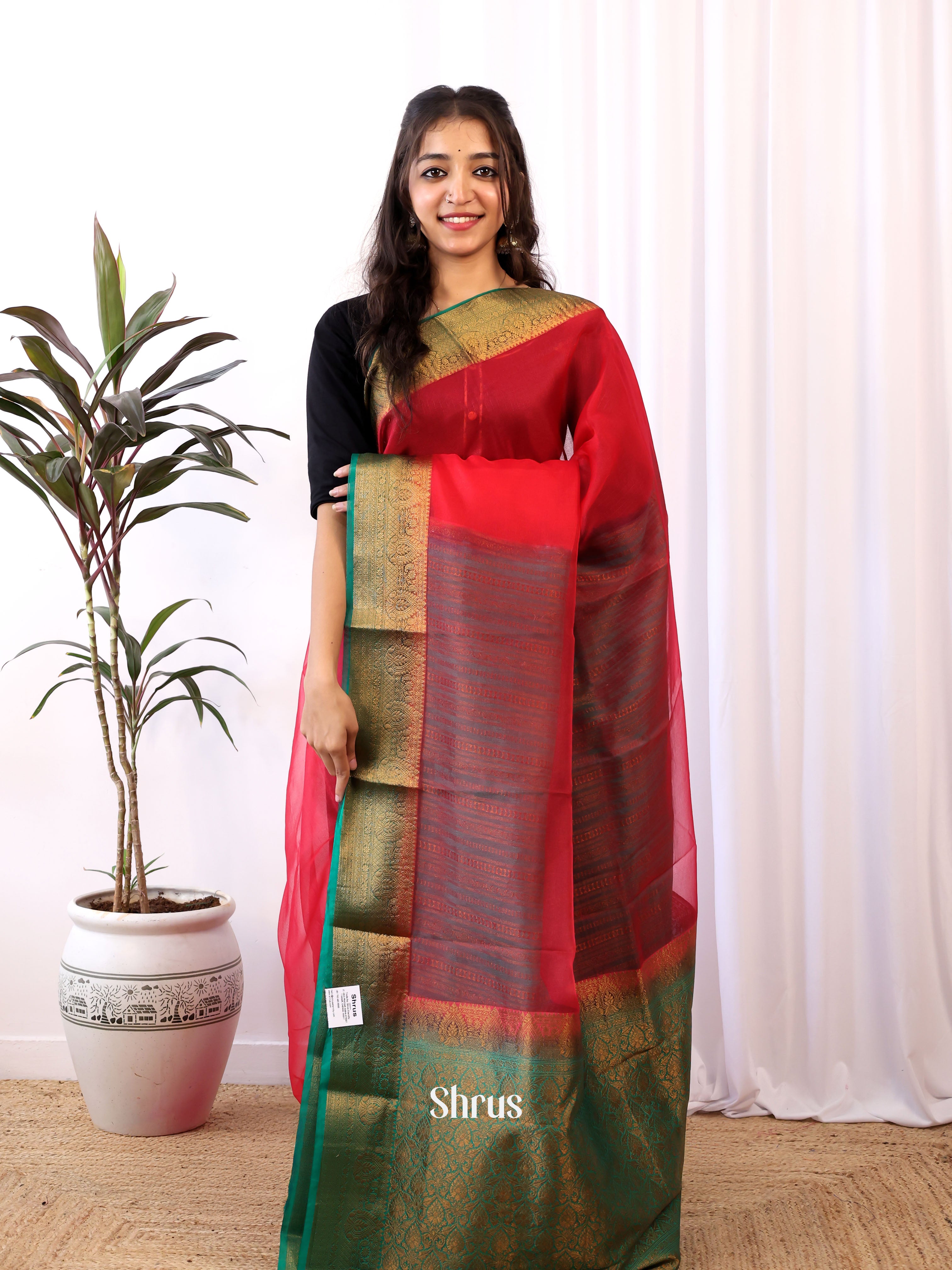Red & Green - Semi Organza Saree - Shop on Shrus.com