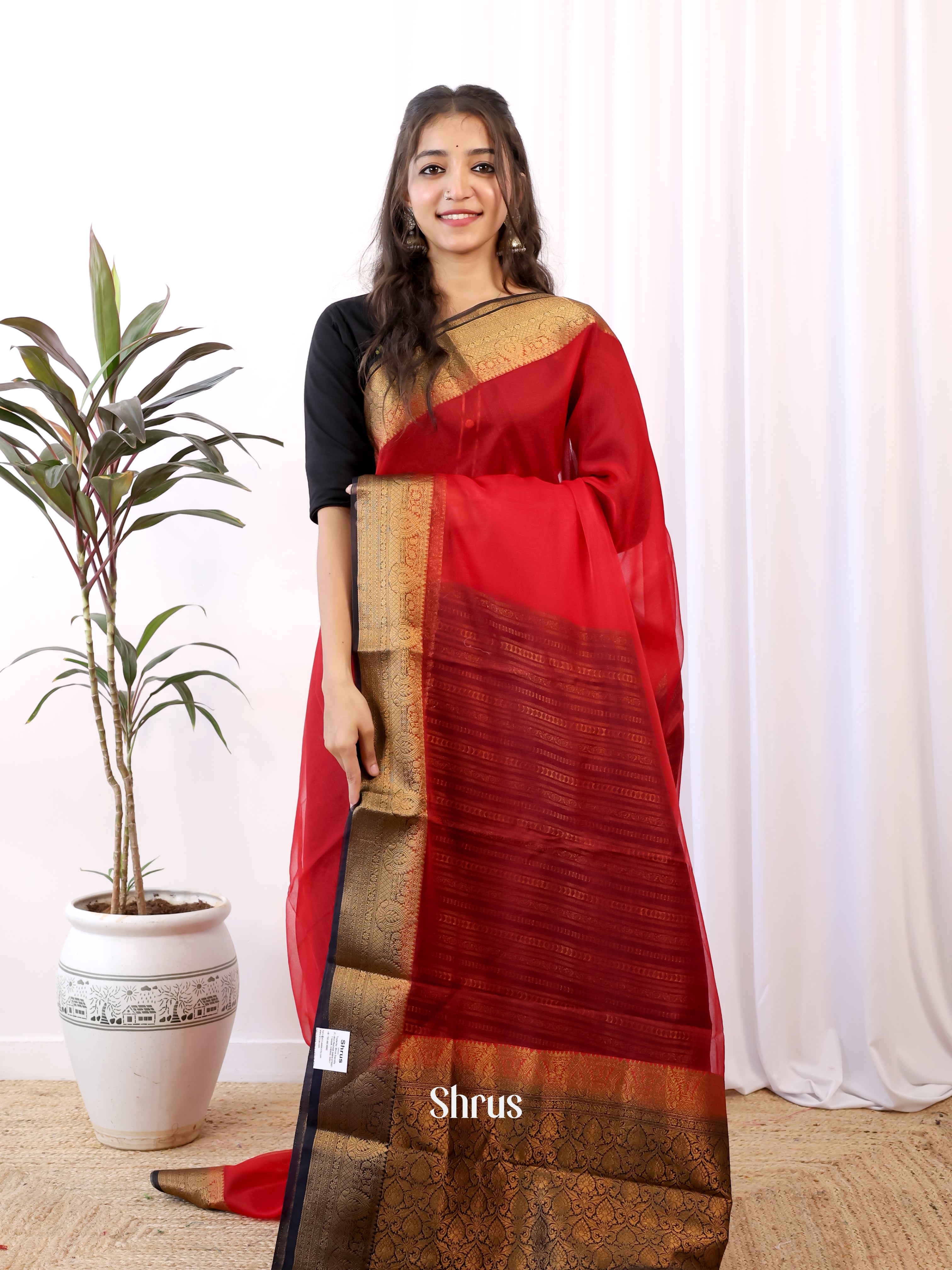 Red & Black - Semi Organza Saree - Shop on Shrus.com