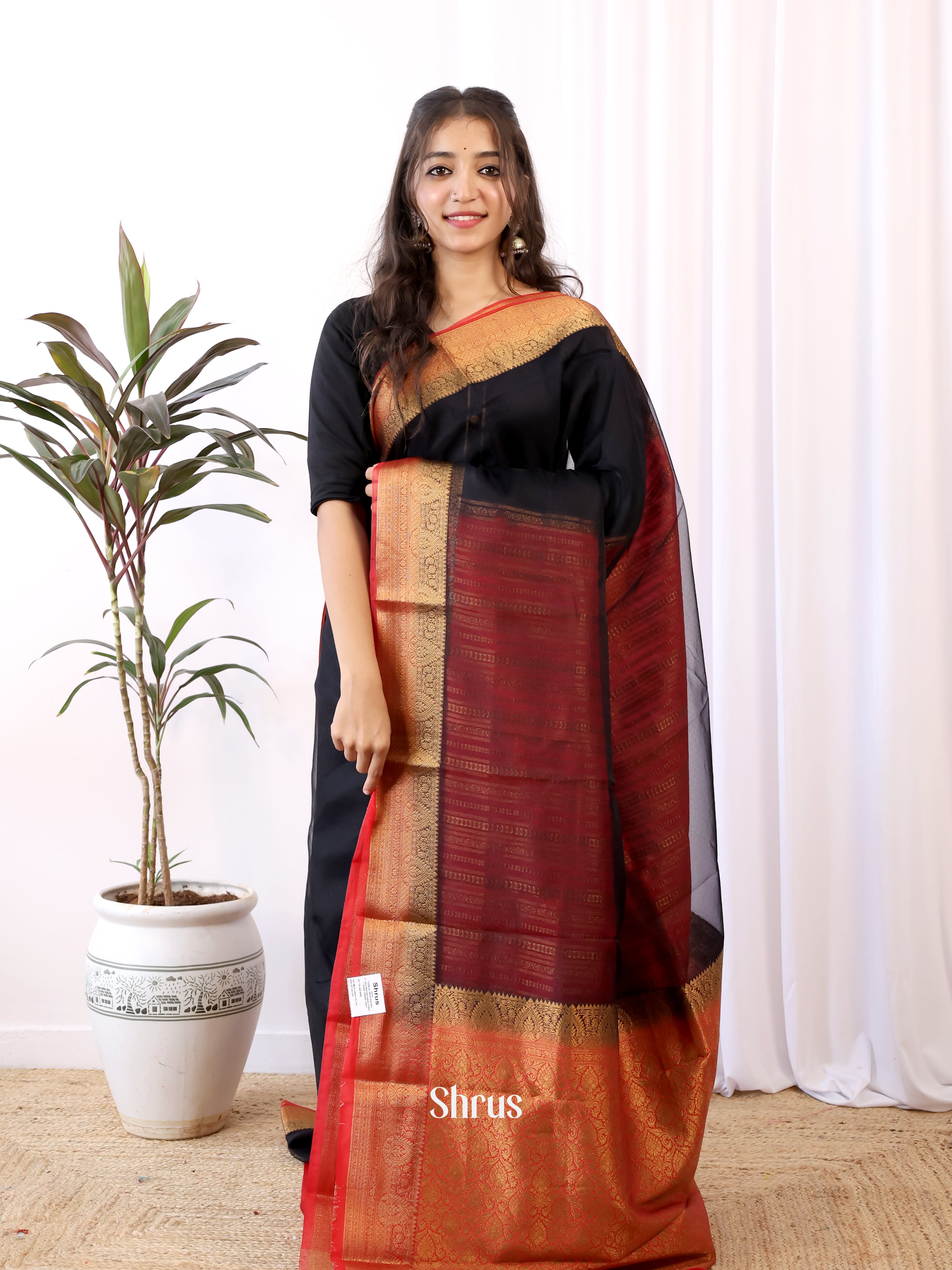 Black & Red - Semi Organza Saree - Shop on Shrus.com