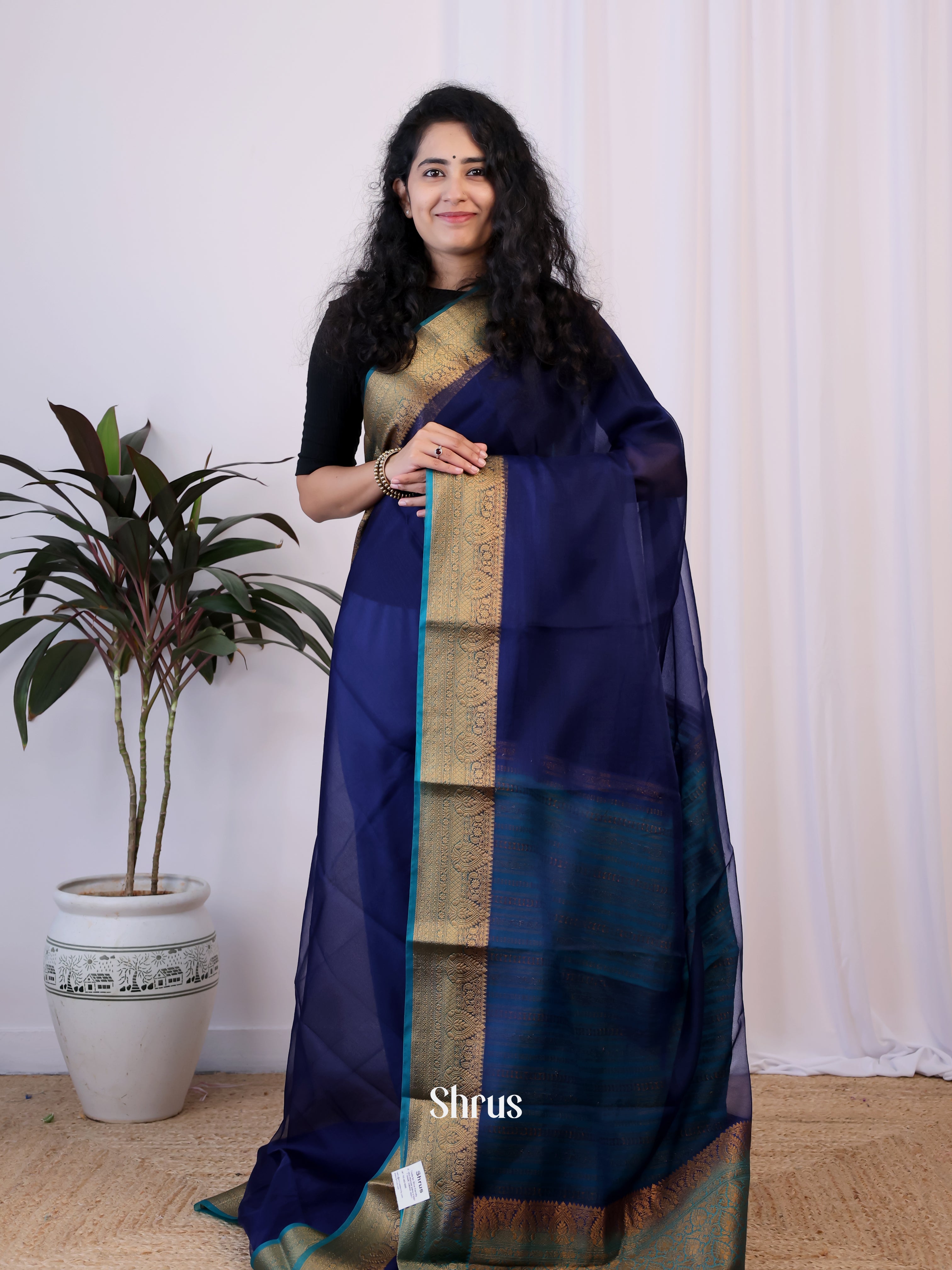 Blue & Teal - Semi Organza Saree - Shop on Shrus.com